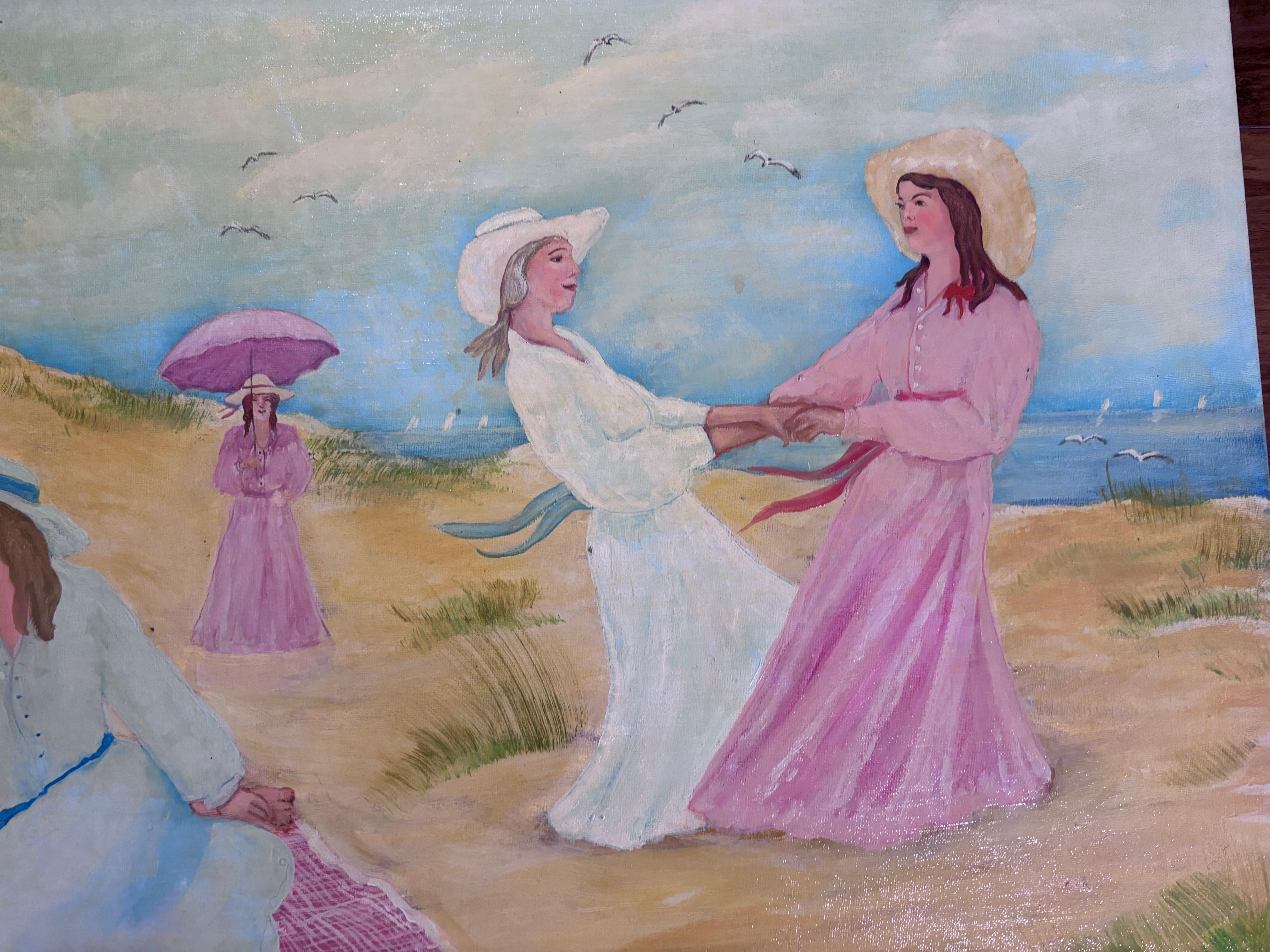 Hand-Painted Shoreline Dance Picnic Painting Self Taught Outsider Folk Artist Gloria Laposka For Sale