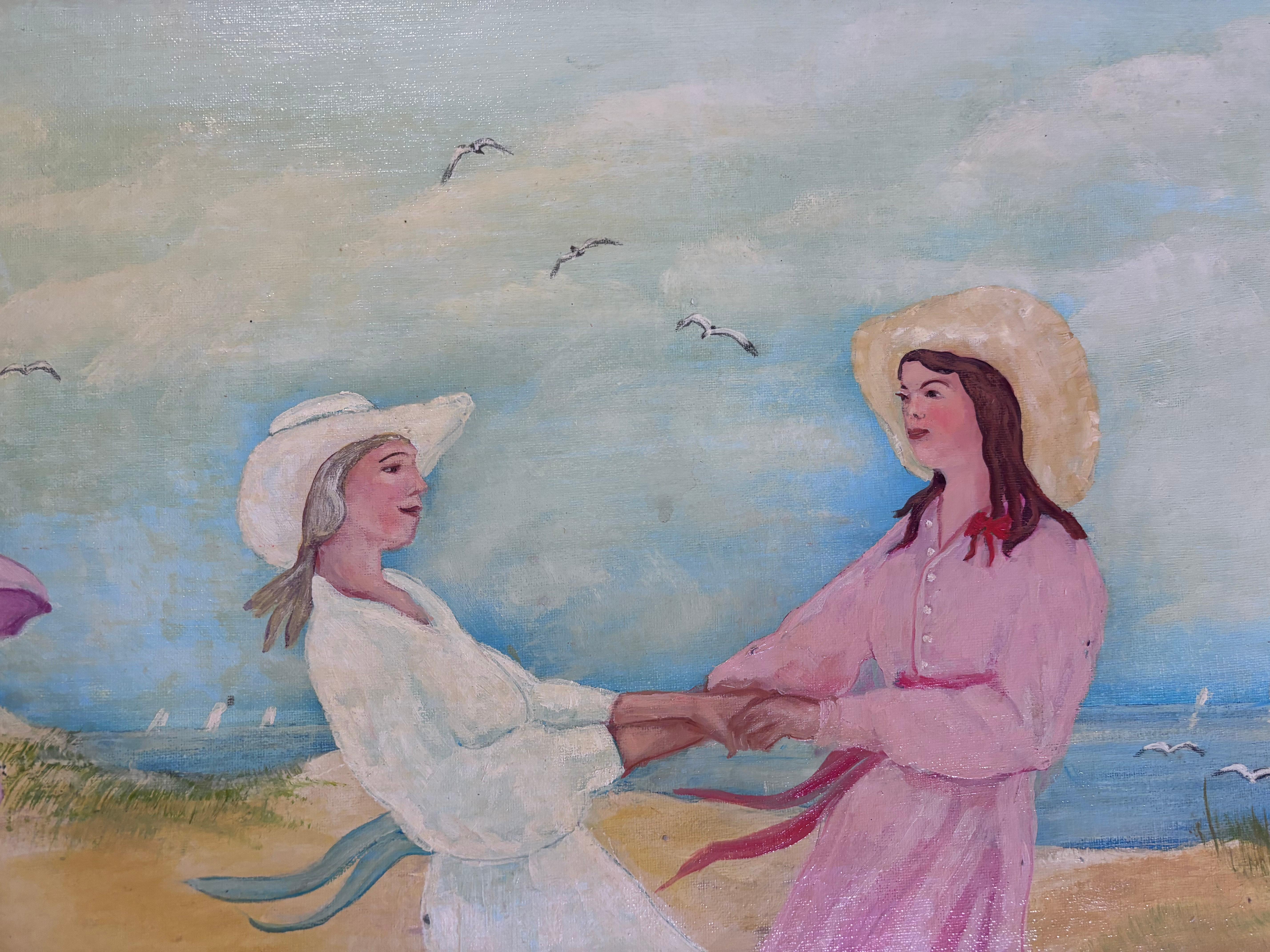 20th Century Shoreline Dance Picnic Painting Self Taught Outsider Folk Artist Gloria Laposka For Sale
