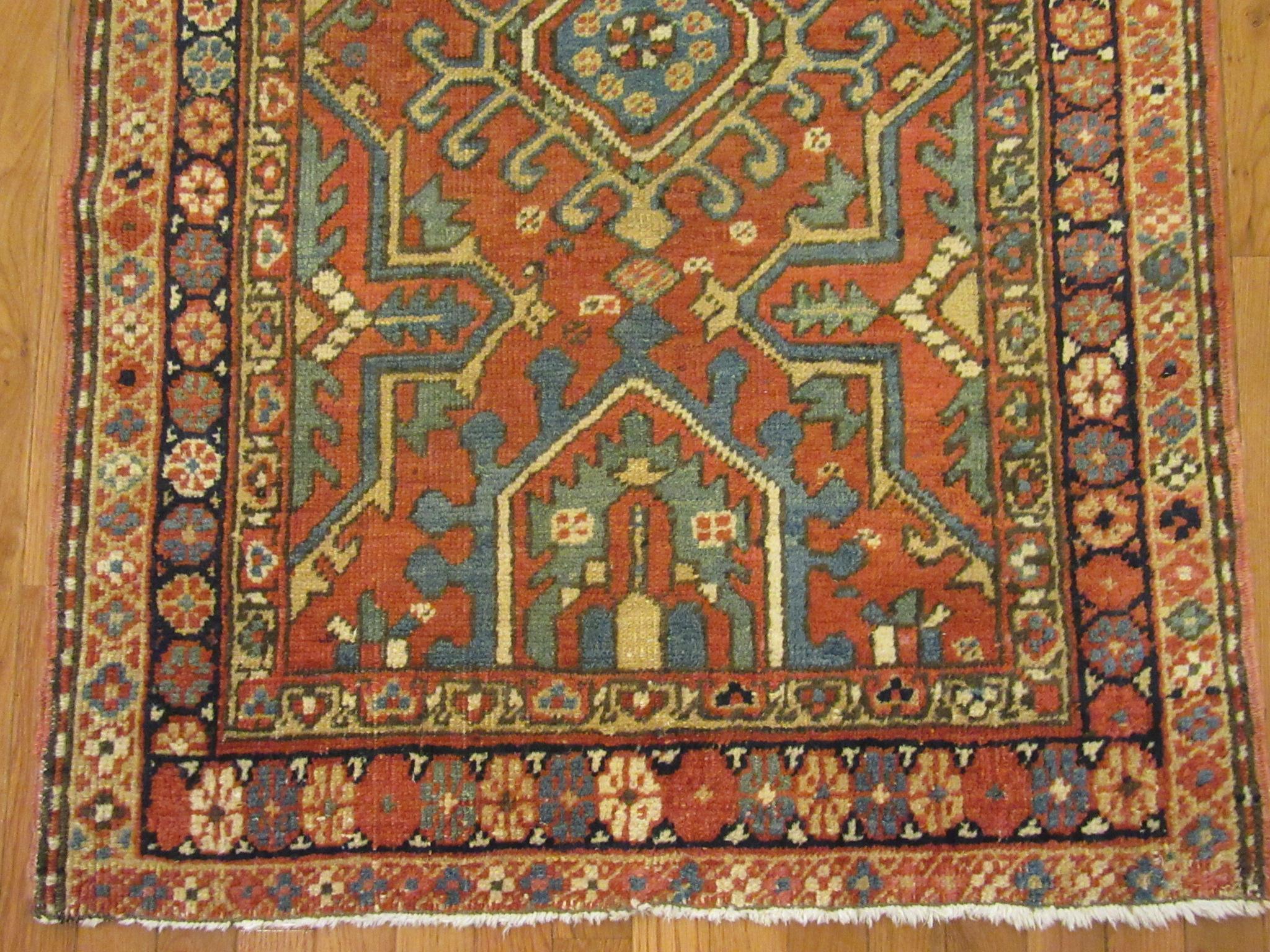 Heriz Serapi Short Antique Hand-Knotted Wool Persian Heriz Runner Rug
