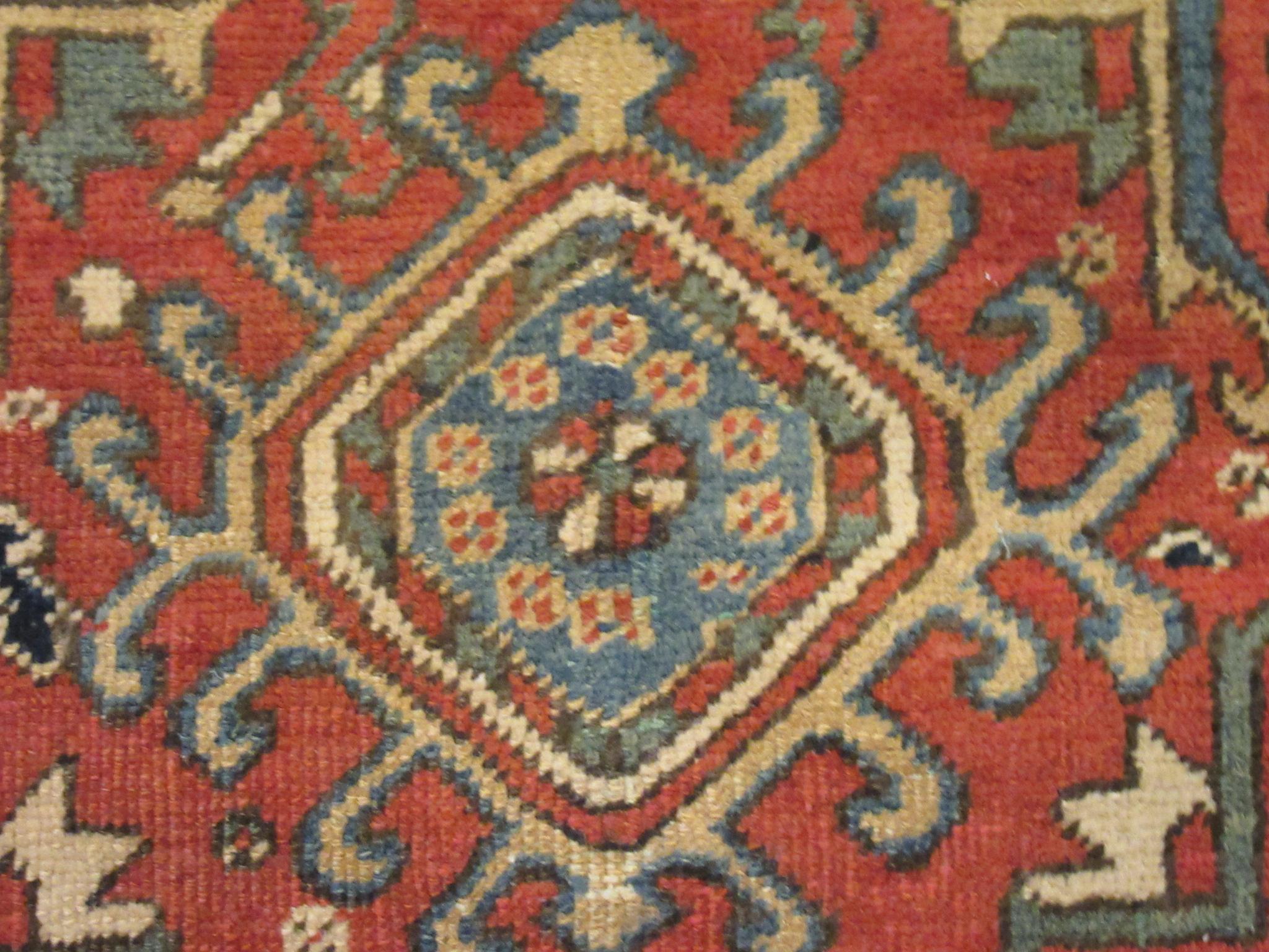 Short Antique Hand-Knotted Wool Persian Heriz Runner Rug In Excellent Condition In Atlanta, GA