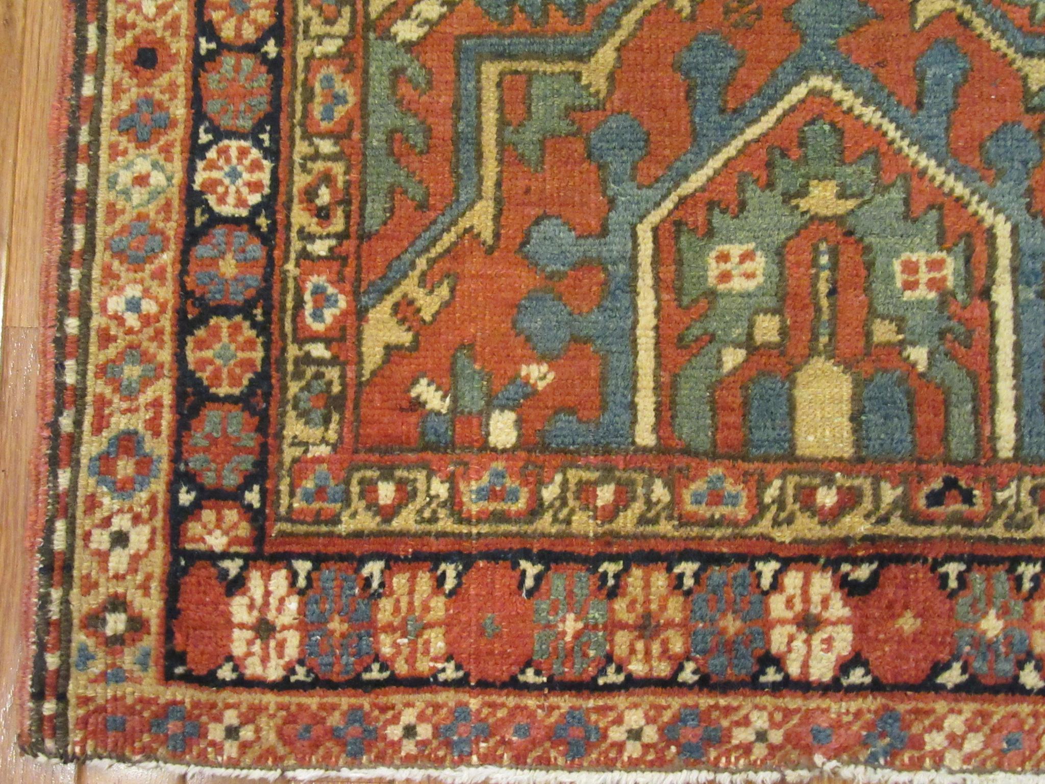 Short Antique Hand-Knotted Wool Persian Heriz Runner Rug 2
