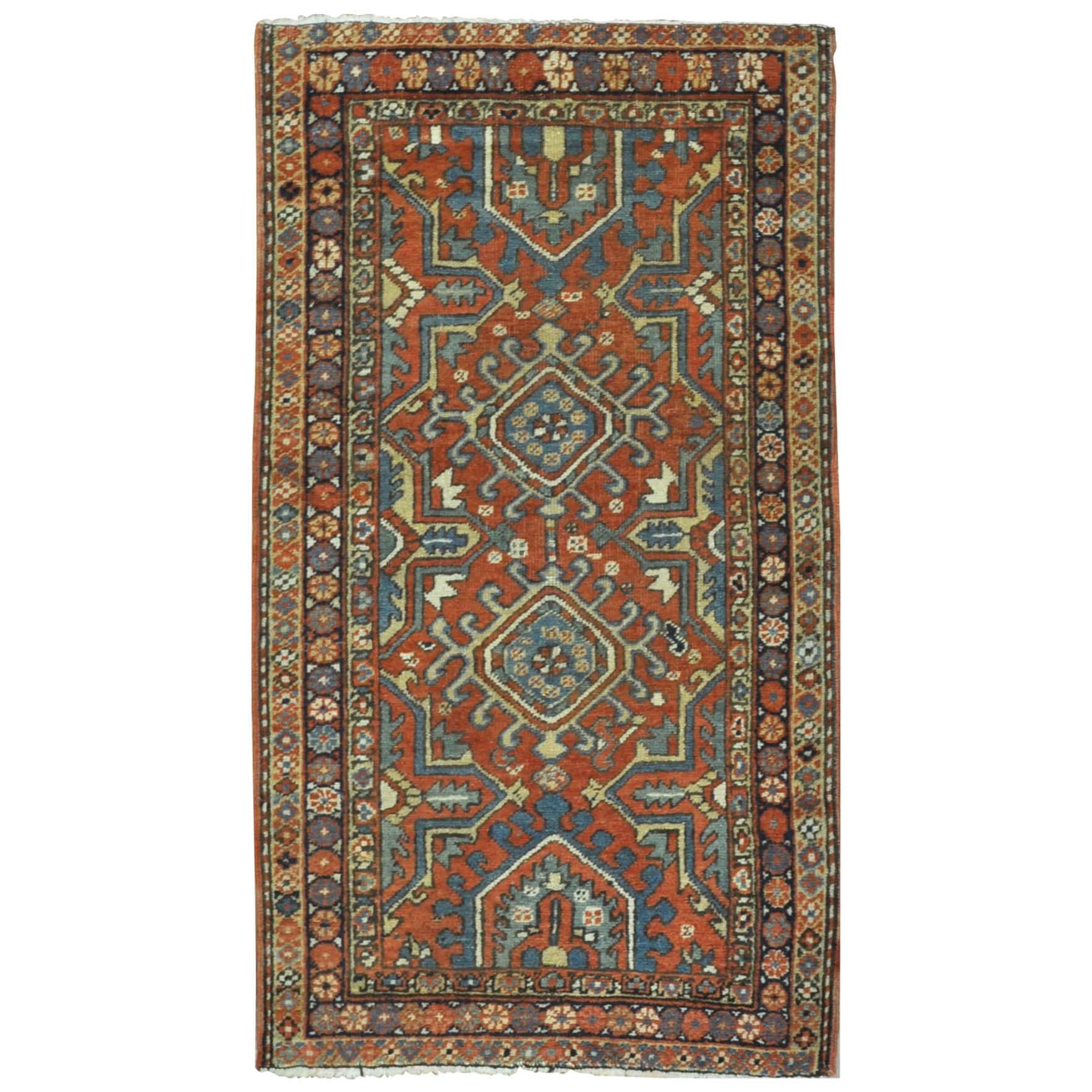 Short Antique Hand-Knotted Wool Persian Heriz Runner Rug