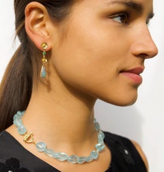 Short Aquamarine Beaded Necklace with 18k Gold Beads and Toggle Clasp