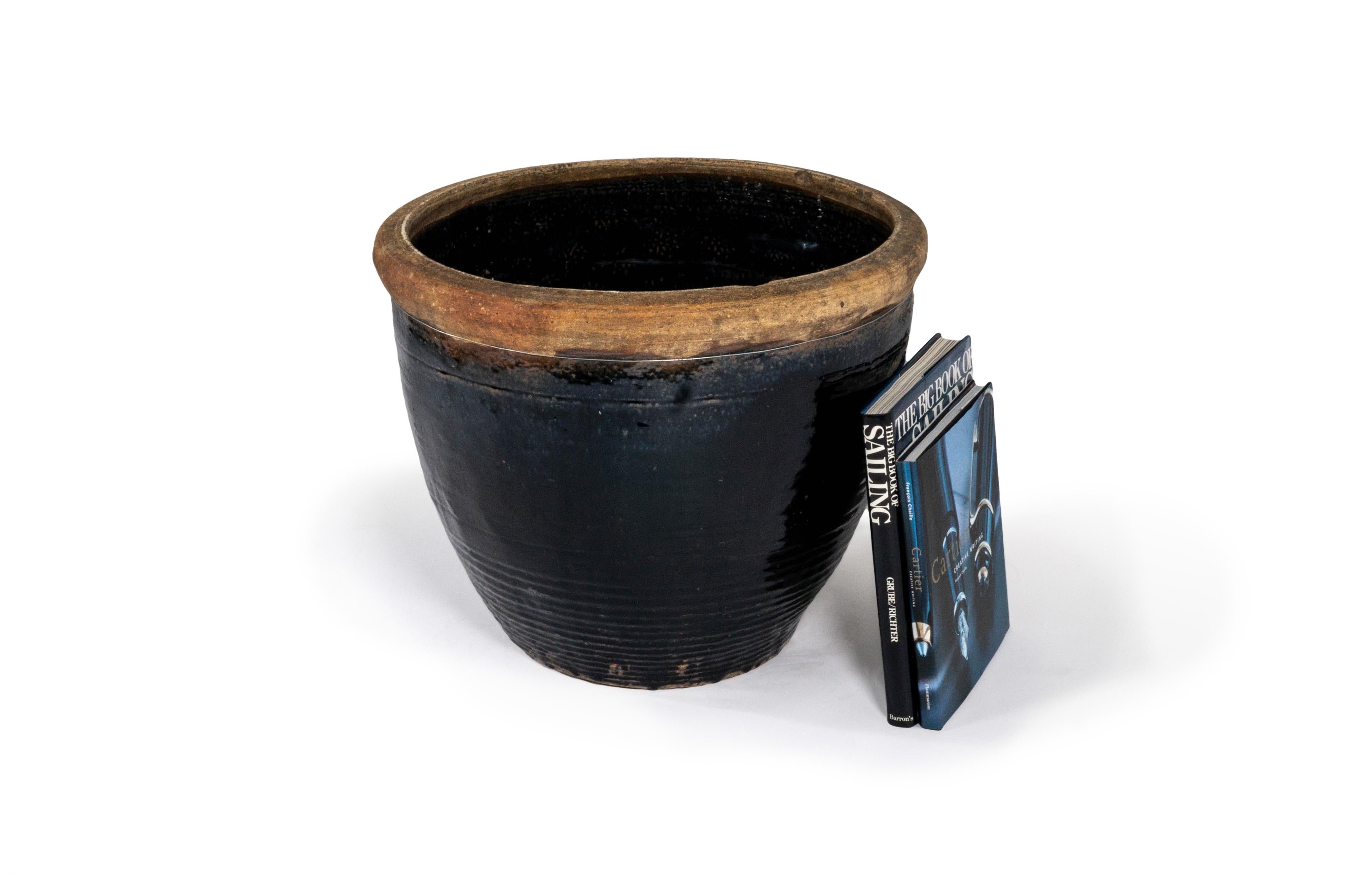 Organic Modern Short Black Glazed Terra Cotta Storage Vase  For Sale