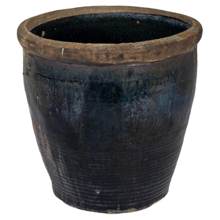 Short Black Glazed Terra Cotta Storage Vase For Sale at 1stDibs