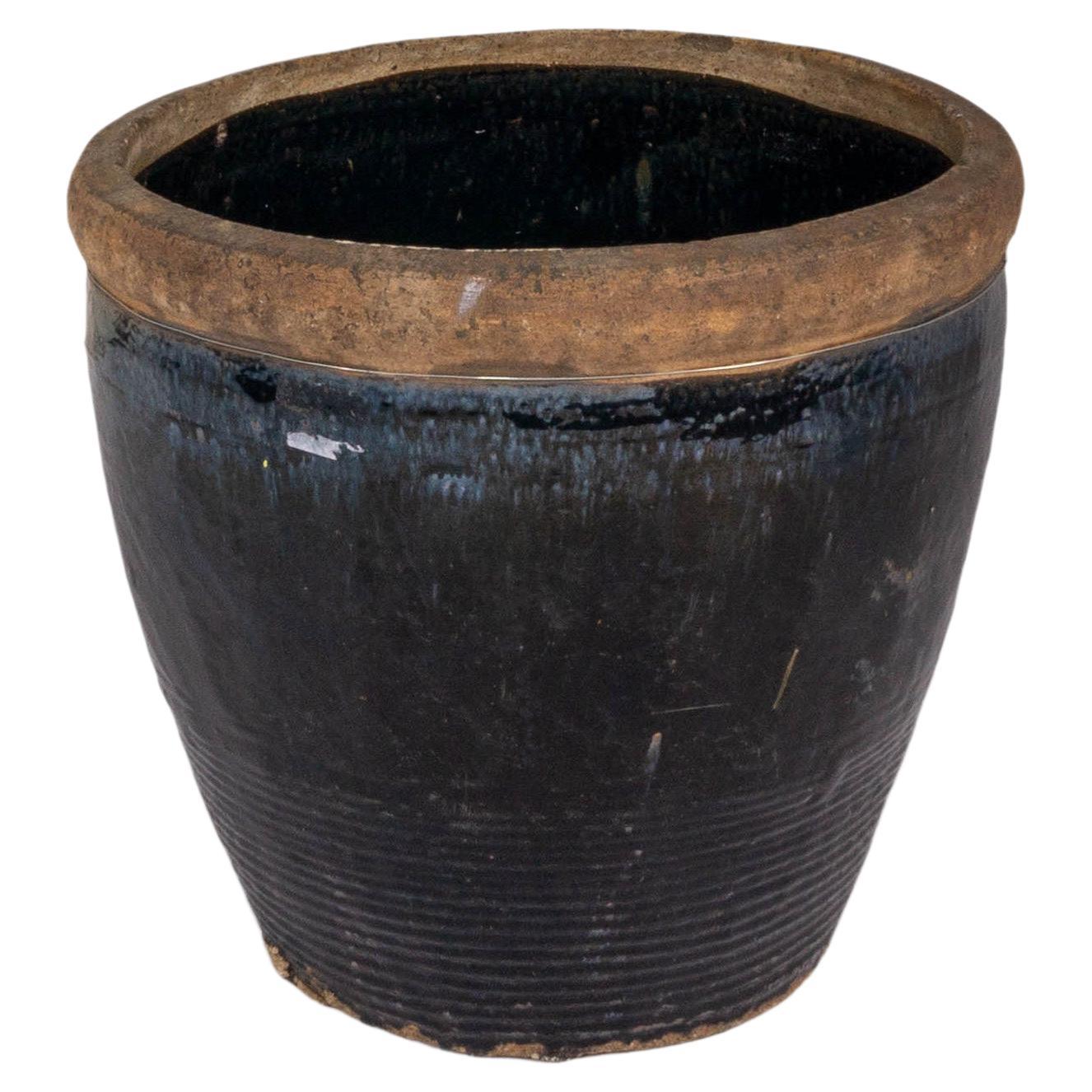 Short Black Glazed Terra Cotta Storage Vase For Sale
