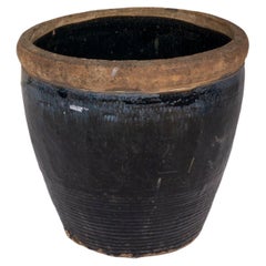 Vintage Short Black Glazed Terra Cotta Storage Vase