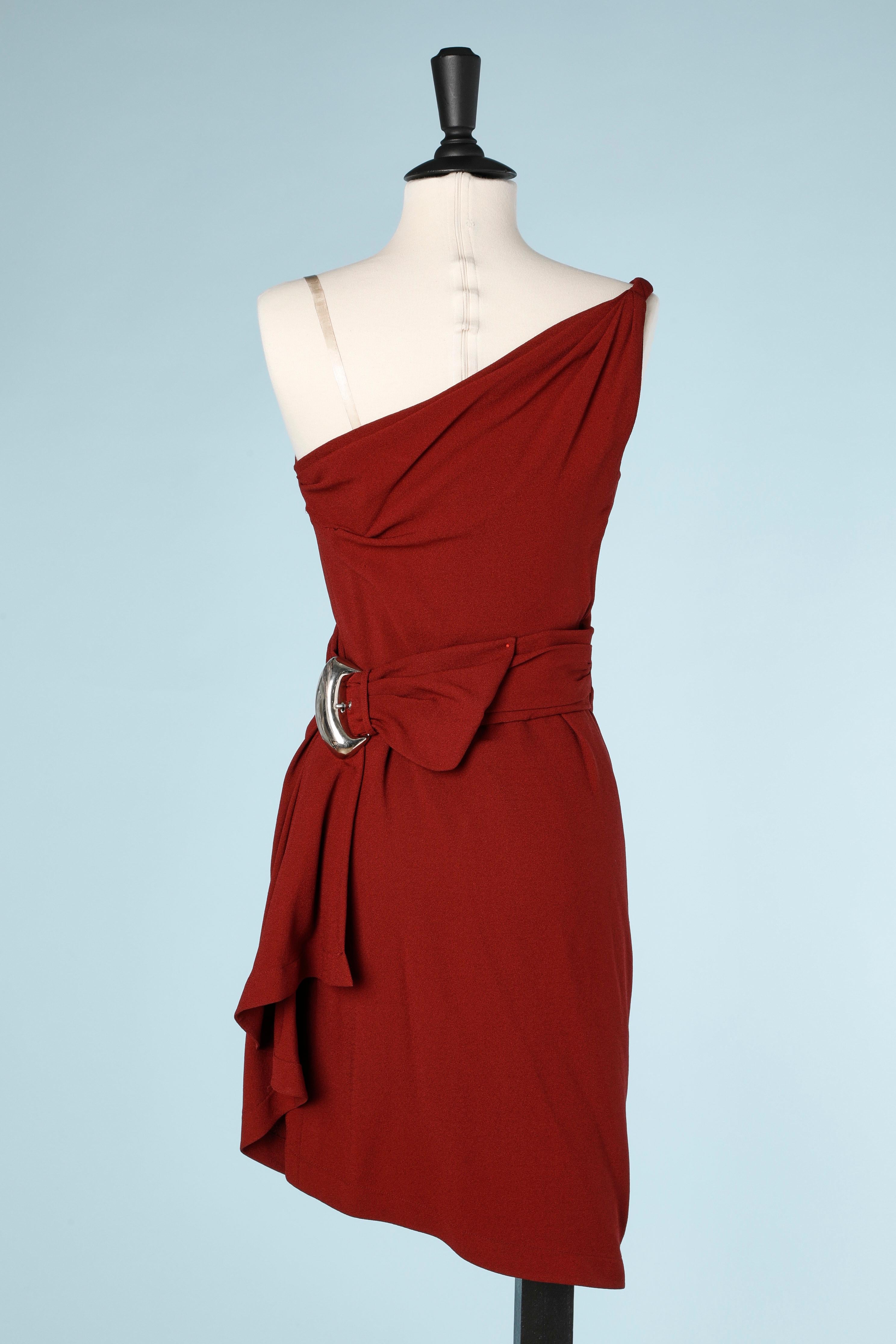 Women's Short burgundy  crepe dress with silver metal buckle Thierry Mugler  For Sale