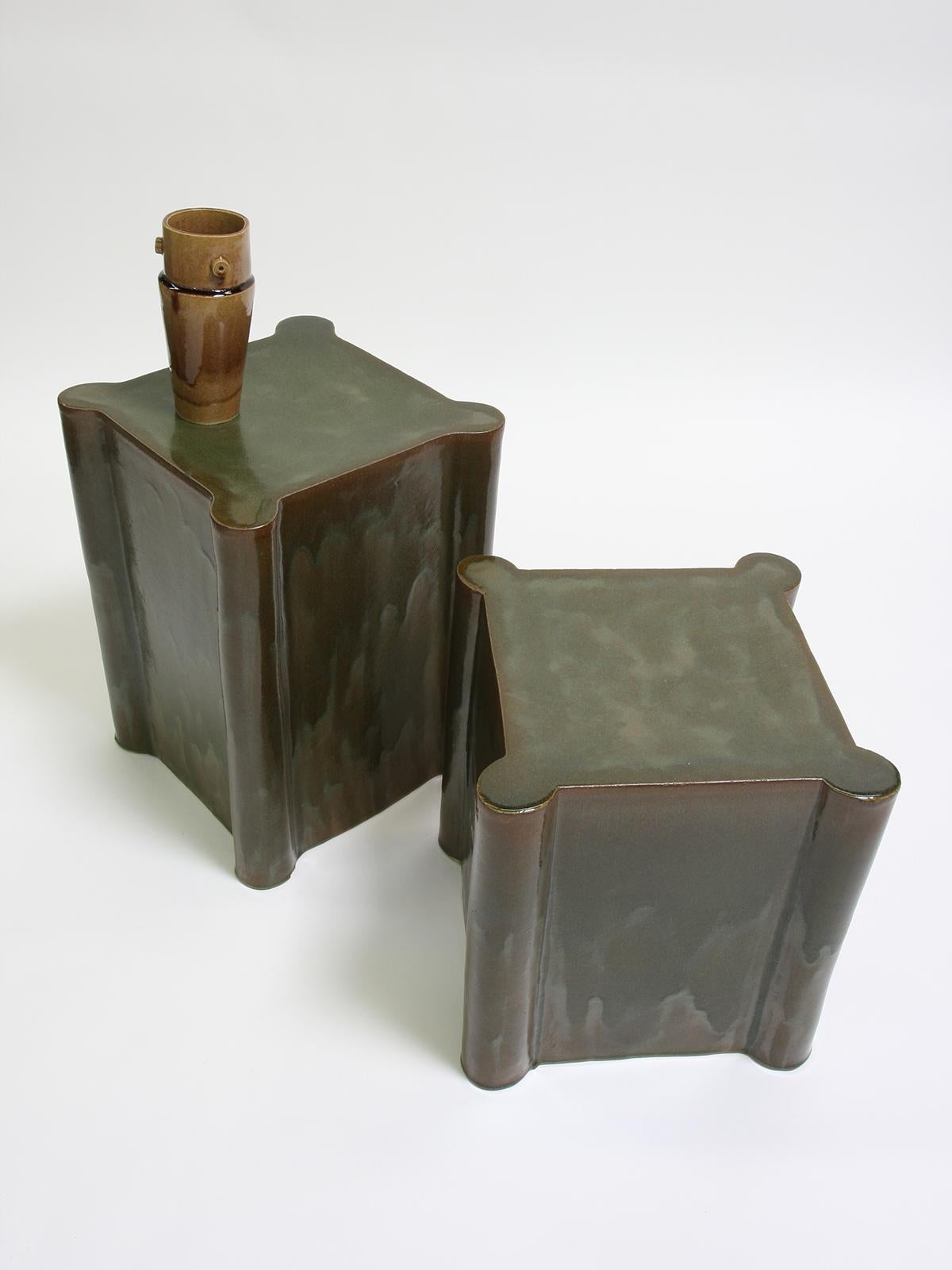 American Short Castle Ceramic Side Table & Stool in Chrome Green by BZIPPY