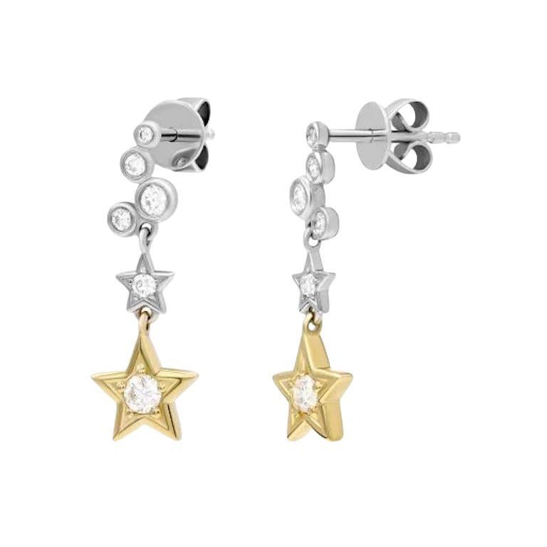 Pendientes Colgantes Cortos Estrella de Oro Mixto con Diamantes Blancos para Ella