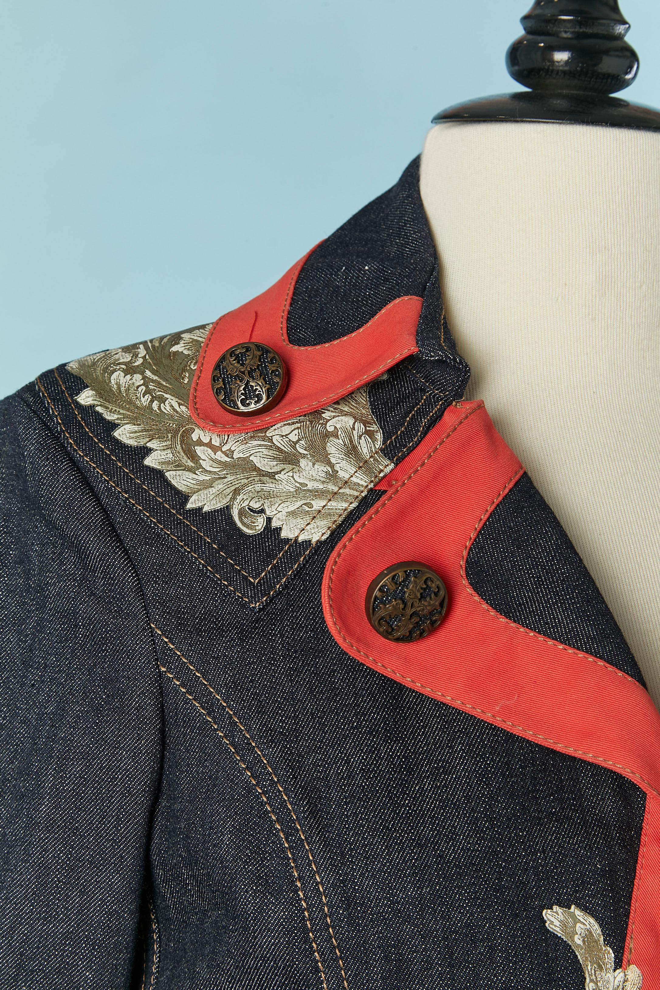 Beige Short denim jacket with red piping and gold appliqué JUST CAVALLI For Sale