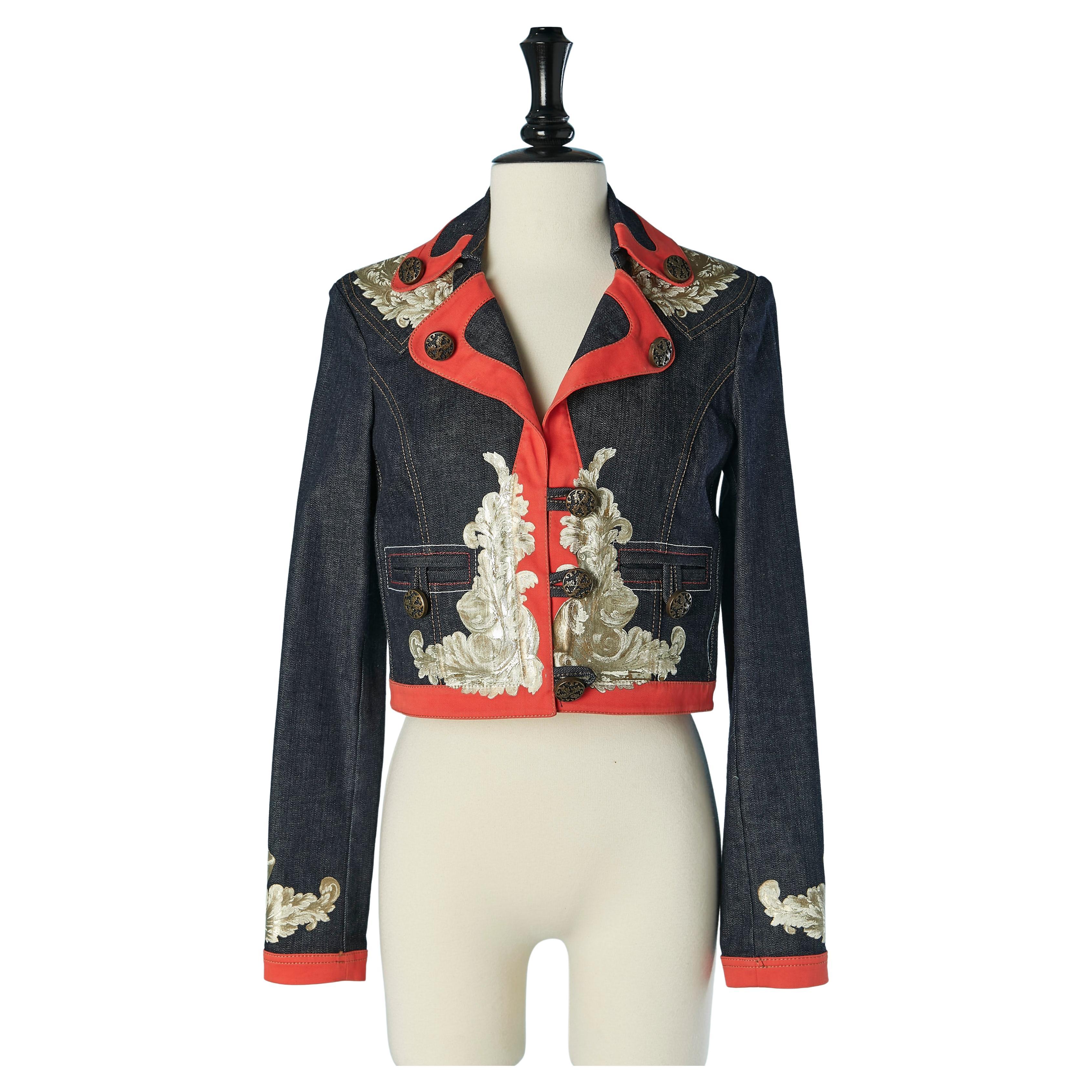 Short denim jacket with red piping and gold appliqué JUST CAVALLI For Sale