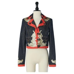 Short denim jacket with red piping and gold appliqué JUST CAVALLI