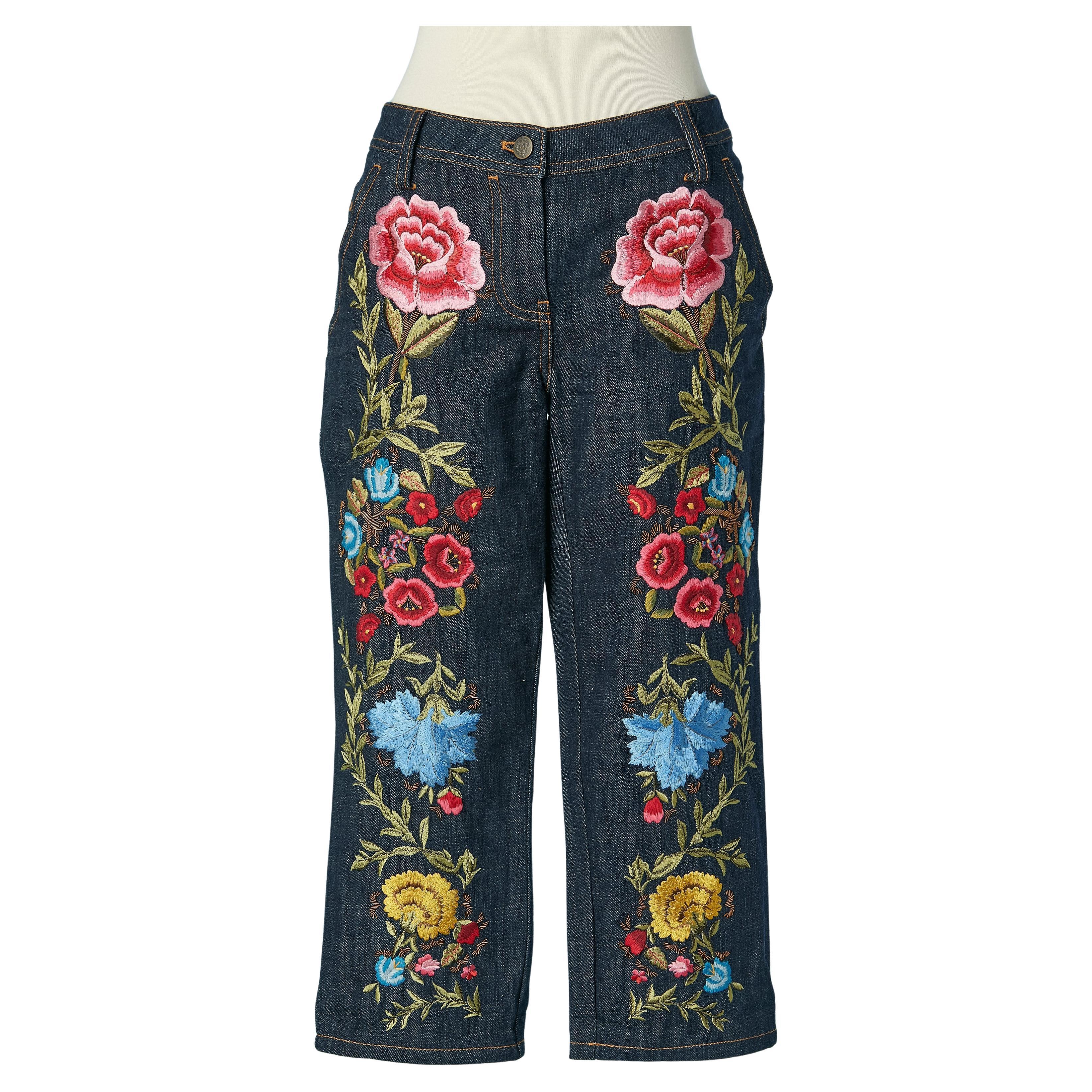 Kurze Denim-Pullover aus Denim mit Blumenstickereien aus Faden CHRISTIAN LACROIX im Angebot