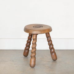 Short French Wood Tripod Stool with Twisted Legs