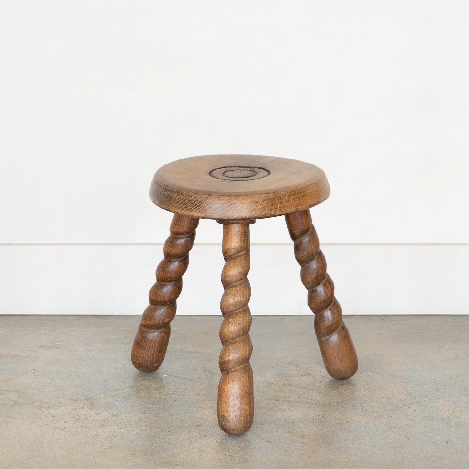 Short French Wood Tripod Stool with Twisted Legs For Sale at 1stDibs