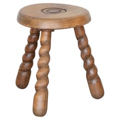 Short French Wood Tripod Stool with Twisted Legs