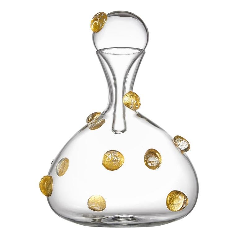 Short Handblown Glass Wine Decanter with Raised Gold Dots by Vetro Vero For Sale