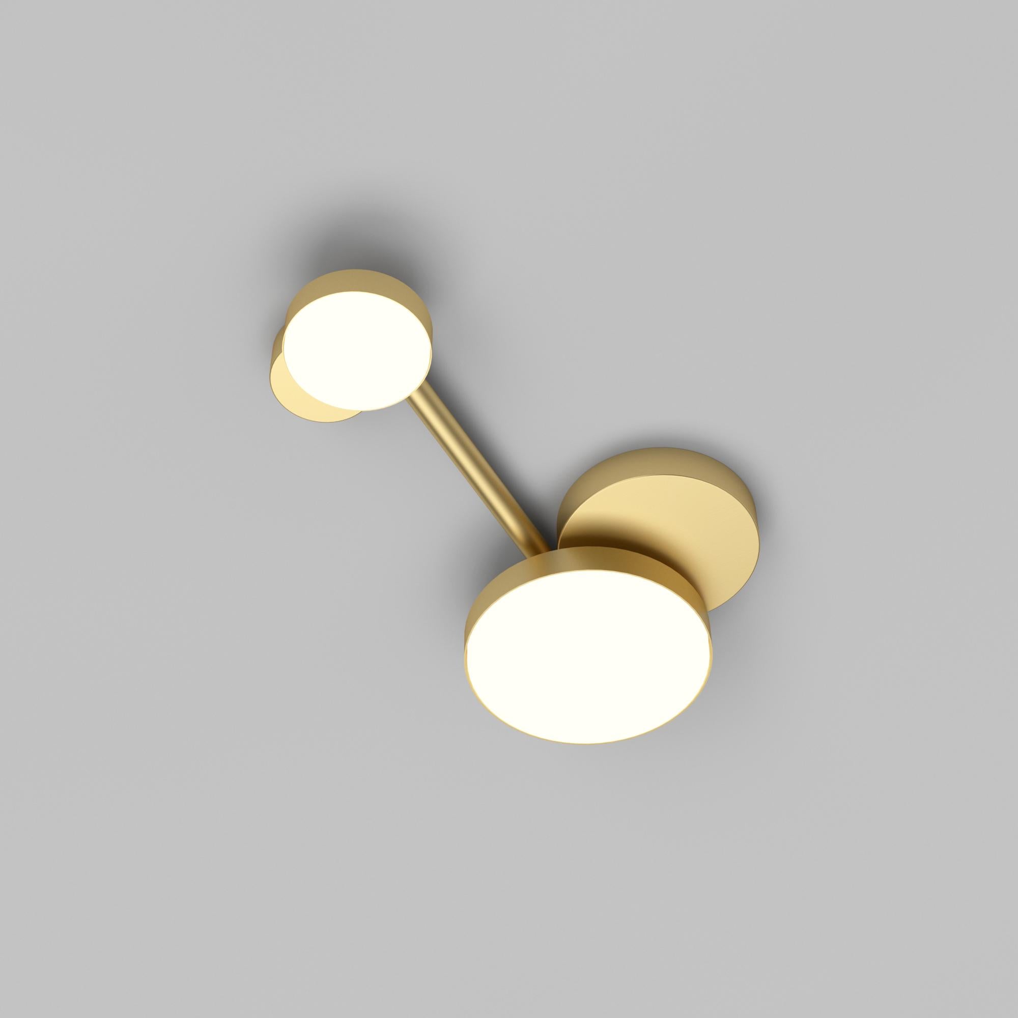 Short Line, 2 Circles, Ceiling Light by Atelier Areti
Dimensions: D 20 x W 37.5 x H 6 cm.
Materials: Brushed brass, white glass.

All our lamps can be wired according to each country. If sold to the USA it will be wired for the USA for