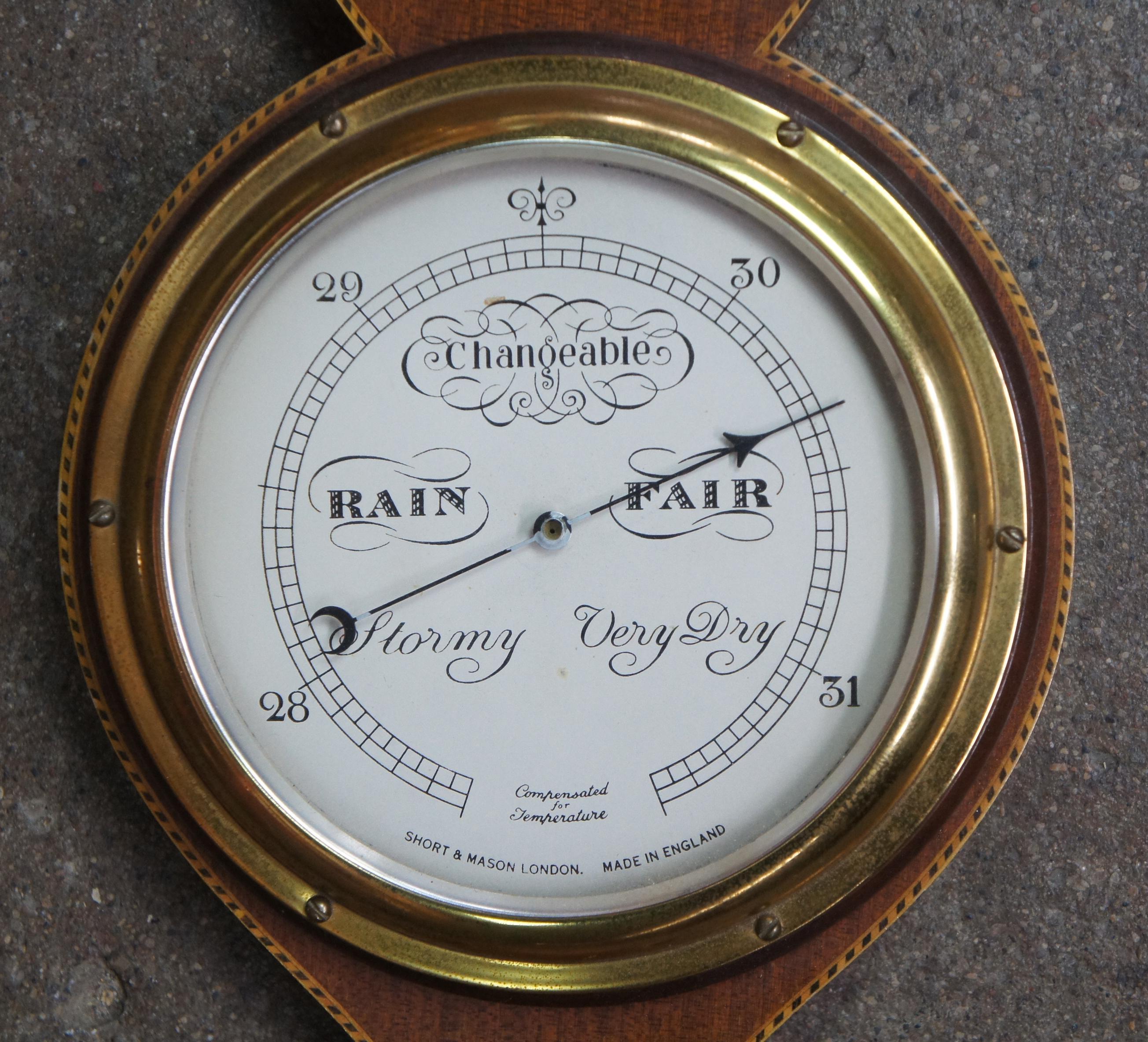 20th Century Short & Mason Mahogany Marquetry Banjo Barometer Thermometer Regency Sheraton