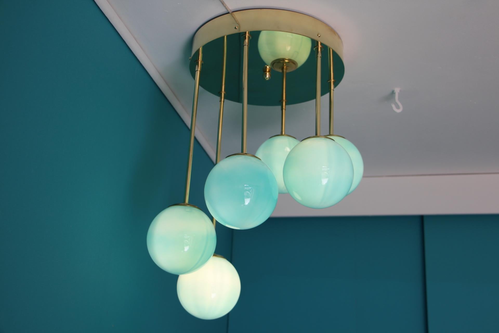 Short Midcentury Chandelier in Brass and Turquoise Blue 6 Murano Glass Globes  For Sale 3