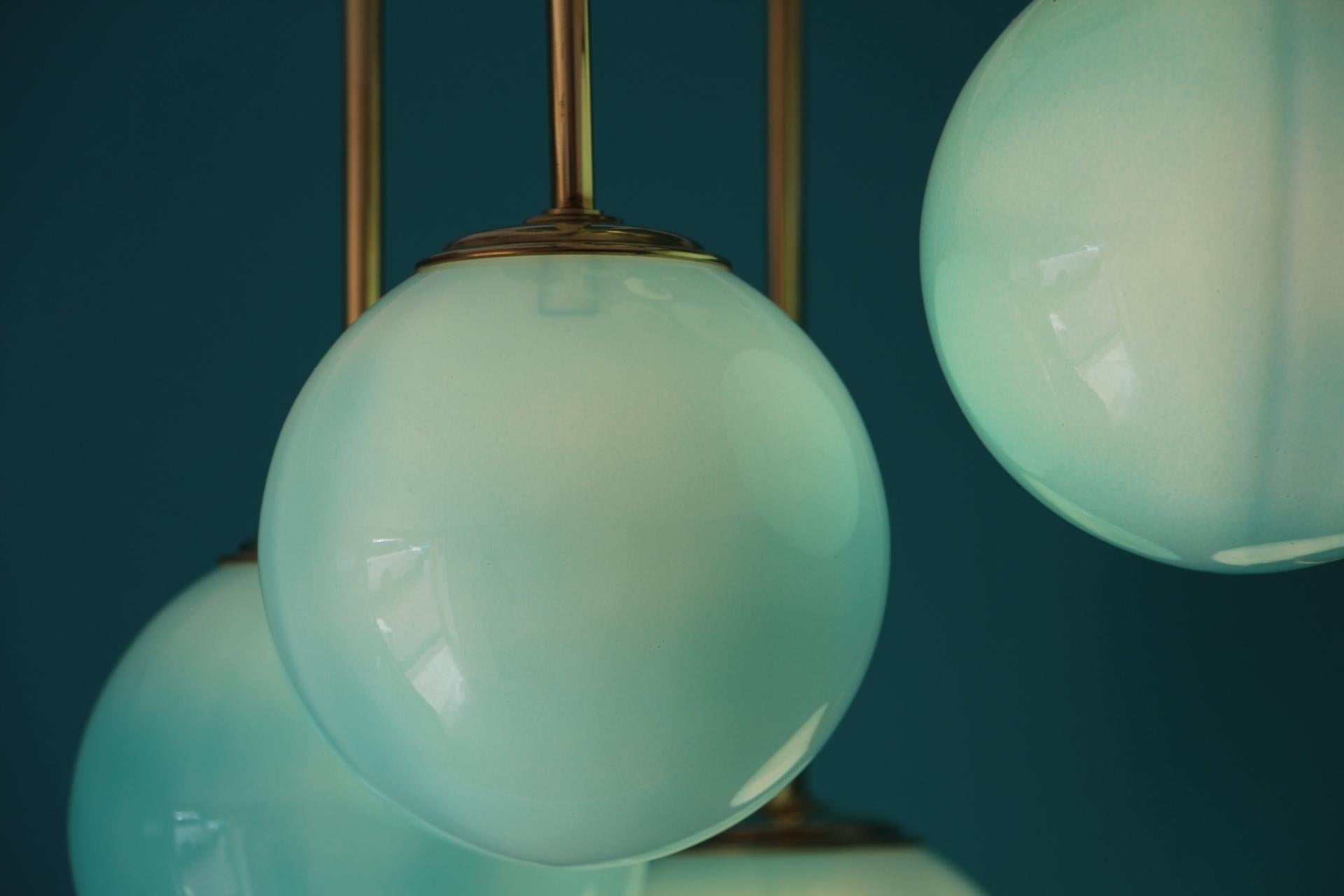 Short Midcentury Chandelier in Brass and Turquoise Blue 6 Murano Glass Globes  For Sale 1