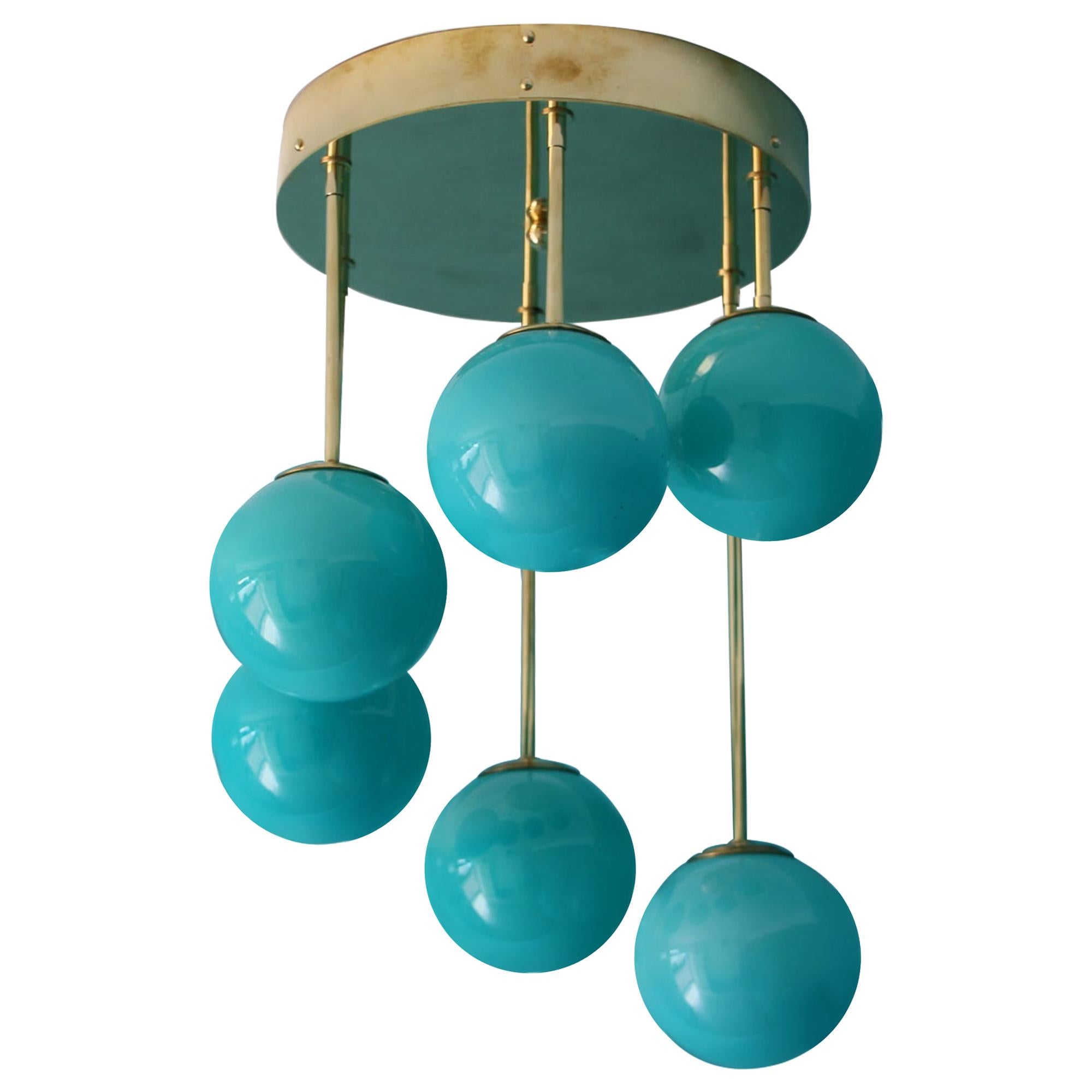 Short Midcentury Chandelier in Brass and Turquoise Blue 6 Murano Glass Globes 