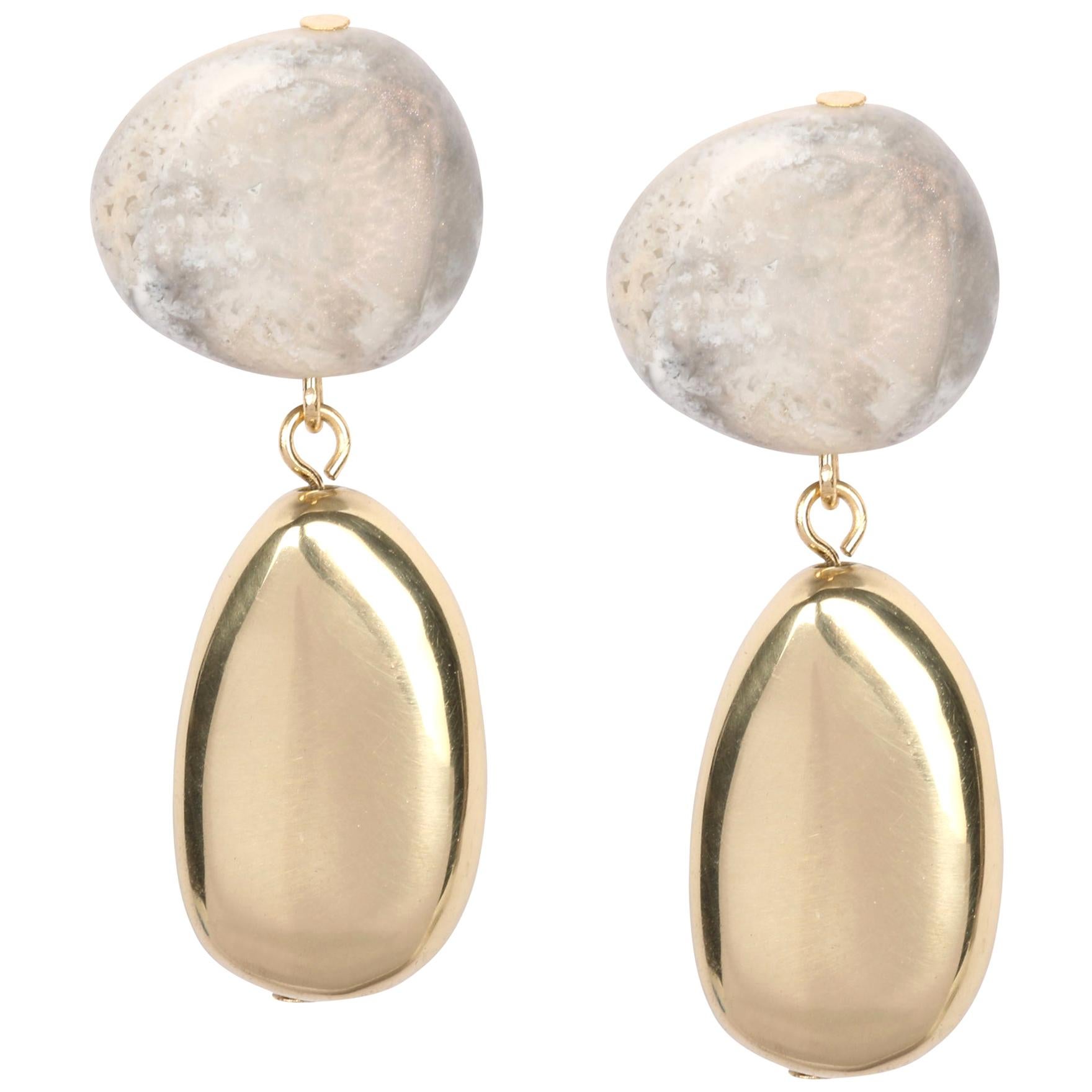 Resin and Brass Short Mineral Drop Earrings in Sandy Pearl For Sale