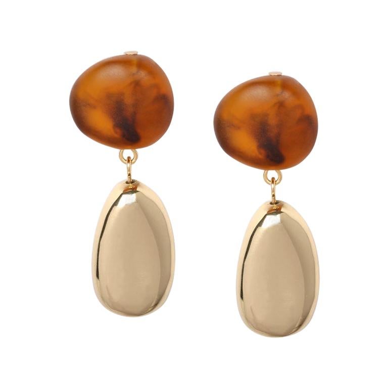 Resin and Brass Short Mineral Drop Earrings in Tortoiseshell For Sale