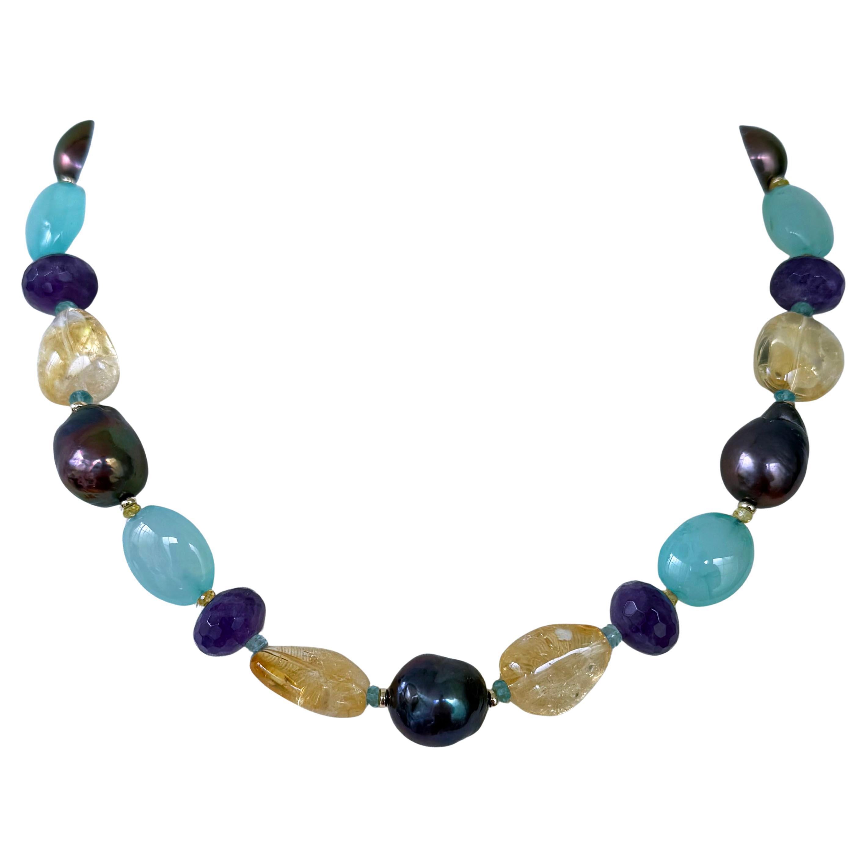Short Multi Stone Adjustable Necklace with Solid 14k Yellow Gold