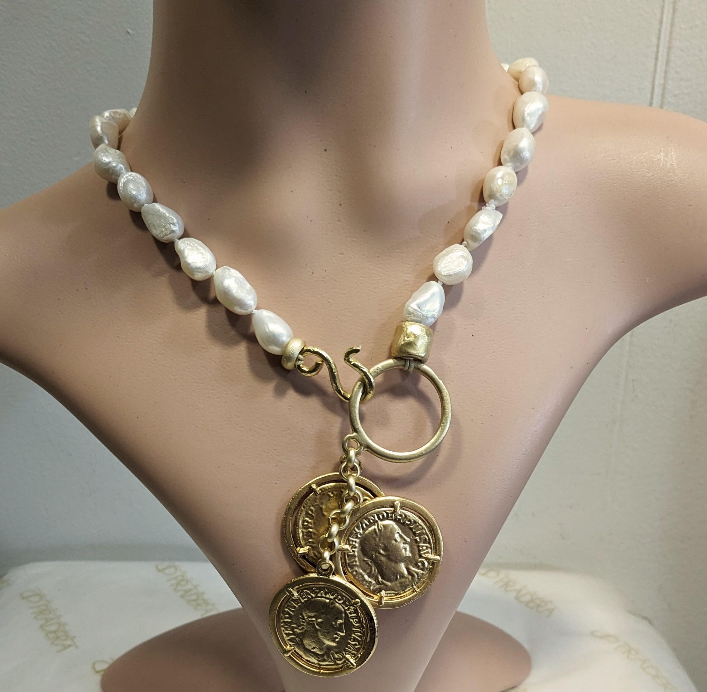 Women's  Short Necklace of White River Pearls with Central Hoop and Trio of Coins For Sale