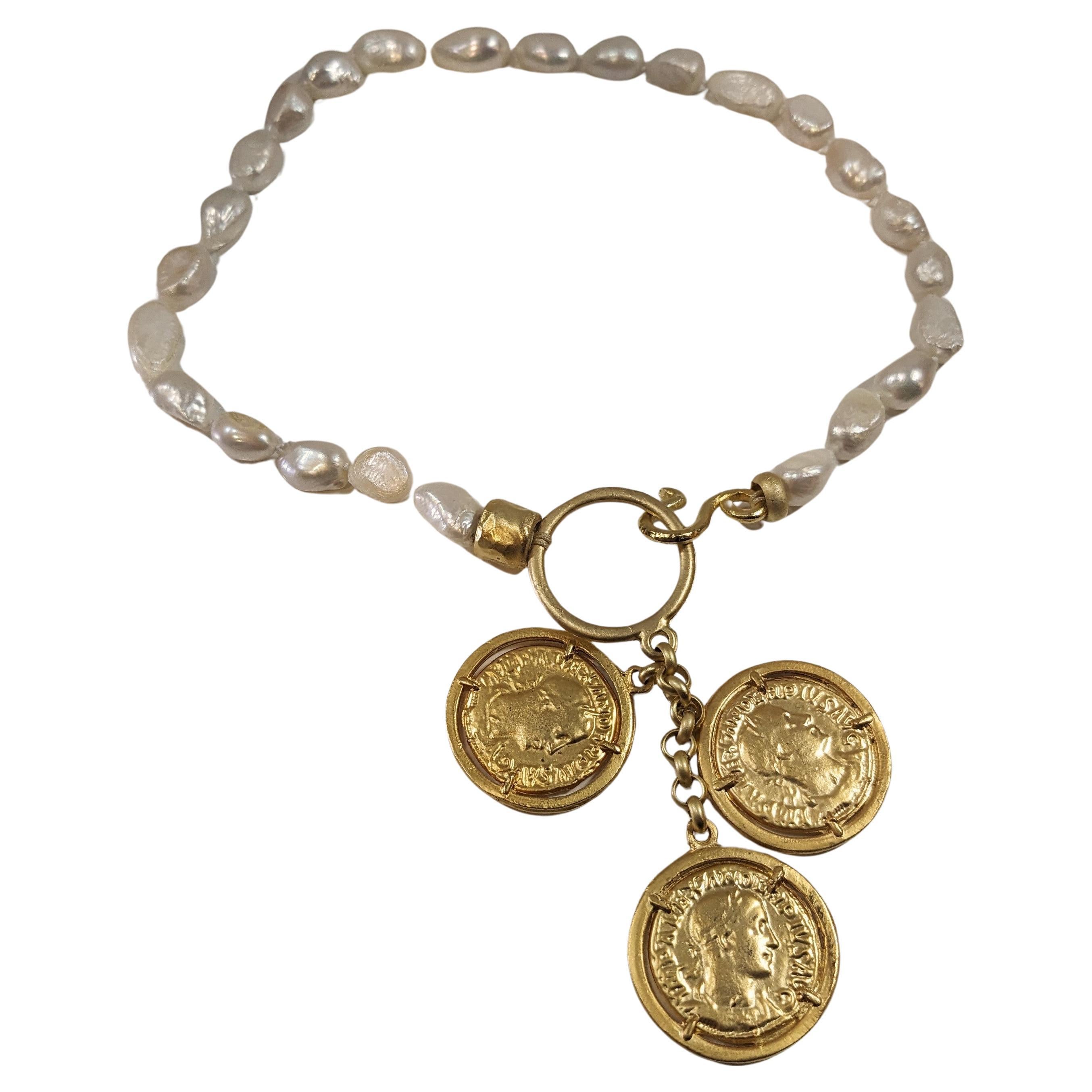  Short Necklace of White River Pearls with Central Hoop and Trio of Coins For Sale