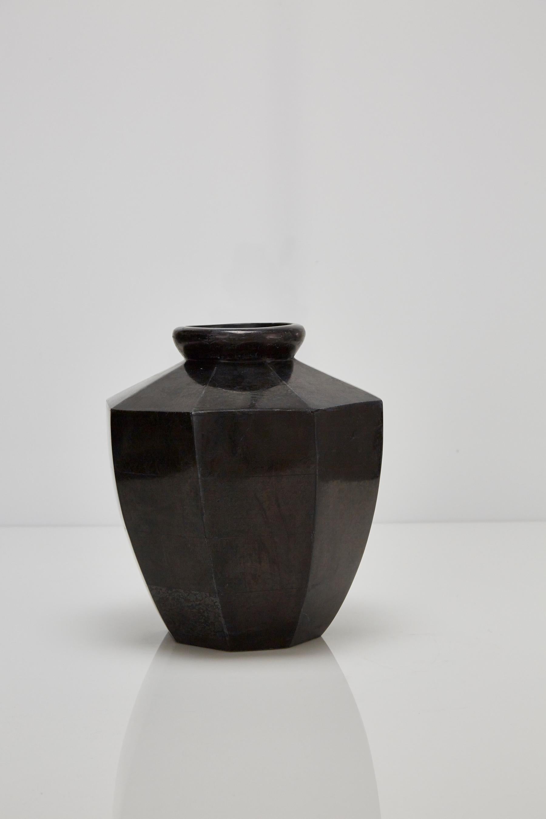 Inlay Short Octagonal Vase in Tessellated Black Stone, 1990s For Sale