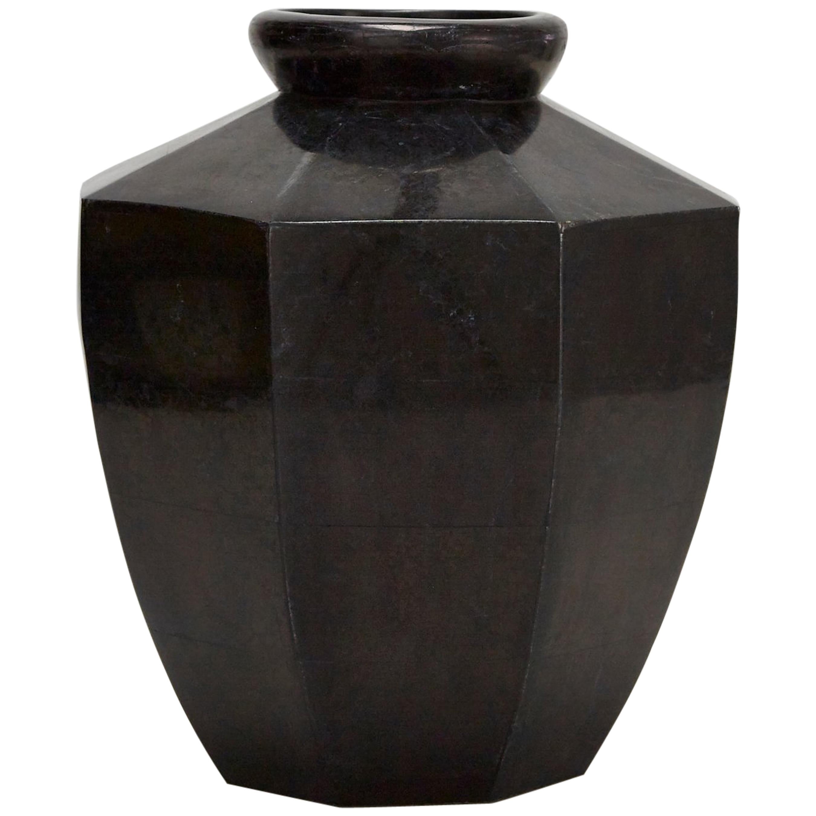 Short Octagonal Vase in Tessellated Black Stone, 1990s For Sale