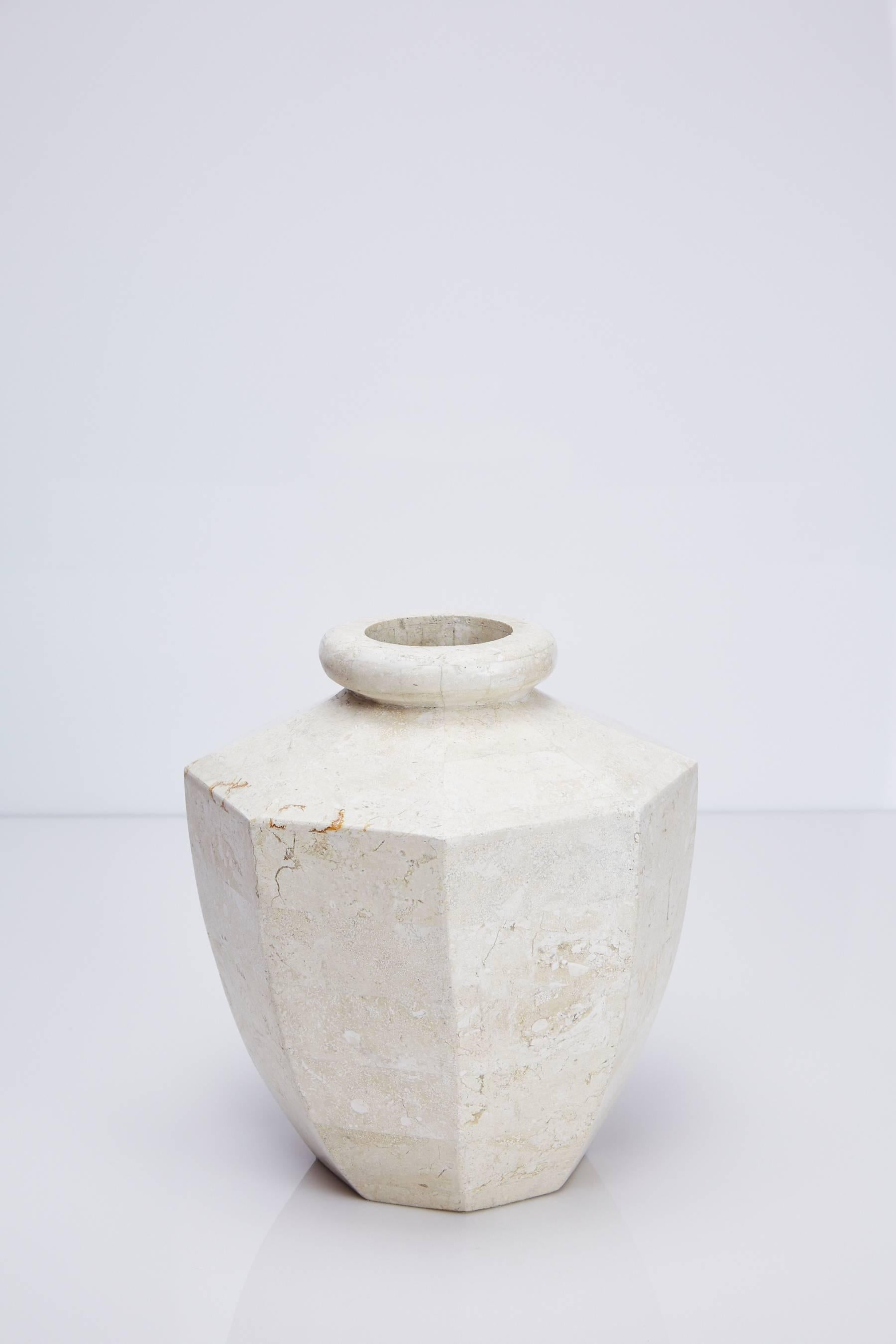 Post-Modern Short Octagonal Vase in White Ivory Tessellated Stone