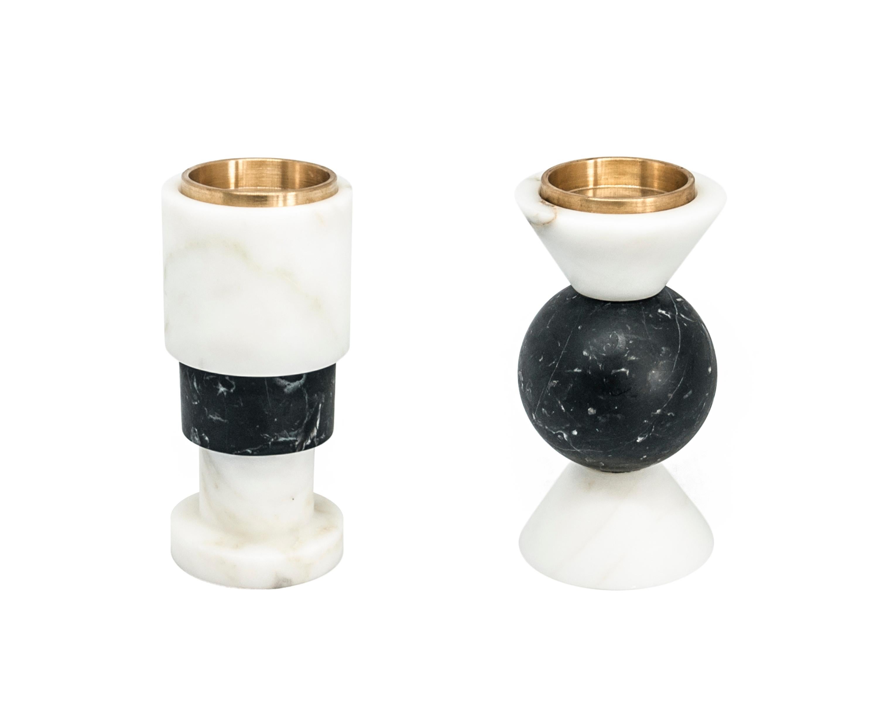 Italian Handmade Short Rounded Two-Tone Candleholder in Carrara and Marquina Marble