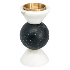 Short Round Two-Tone Candleholder in White Carrara and Black Marble
