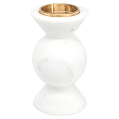 Handmade Short Rounded Unicolor Candleholder in White Carrara Marble and Brass
