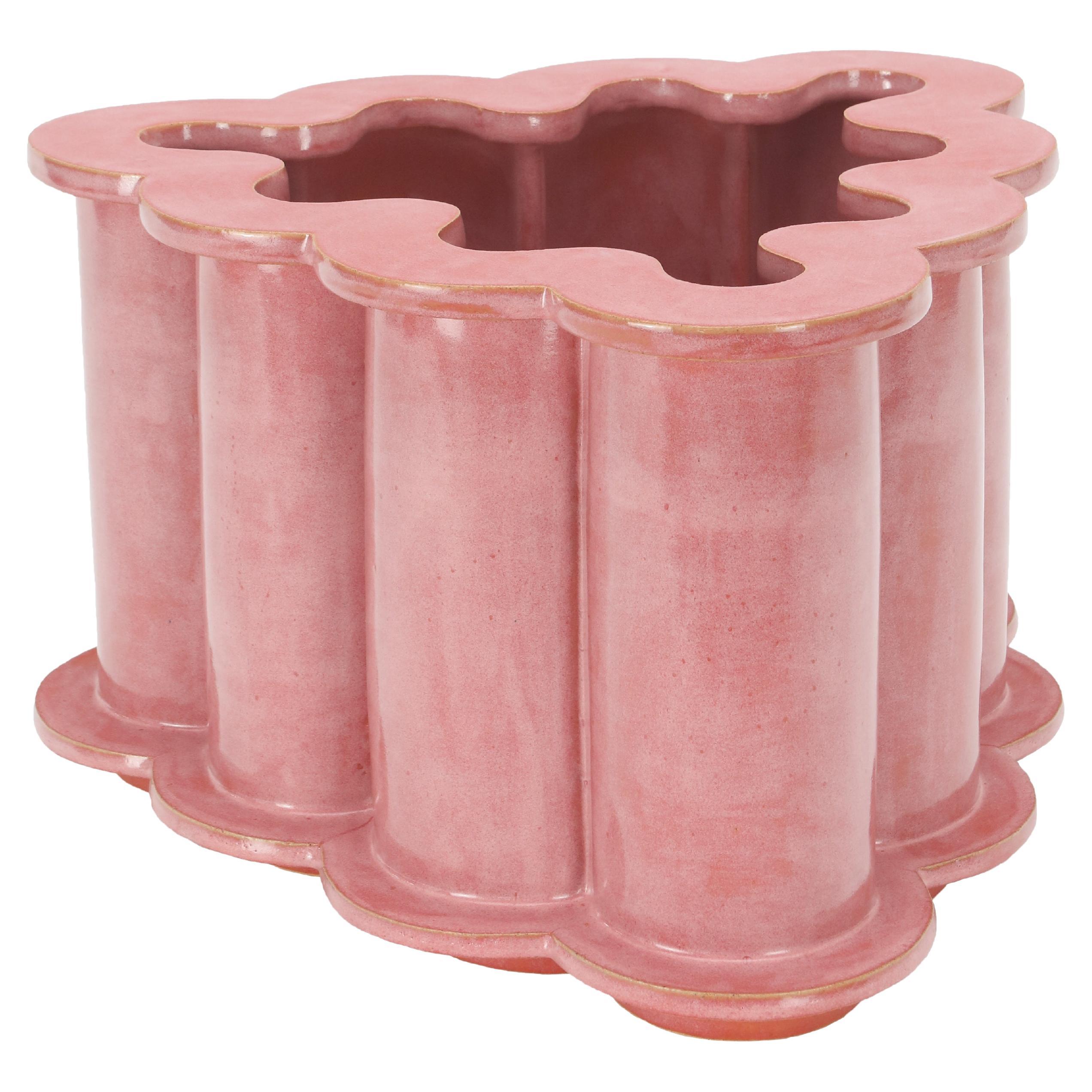 Short Ruffle Ceramic Planter in Sunset Pink by Bzippy For Sale