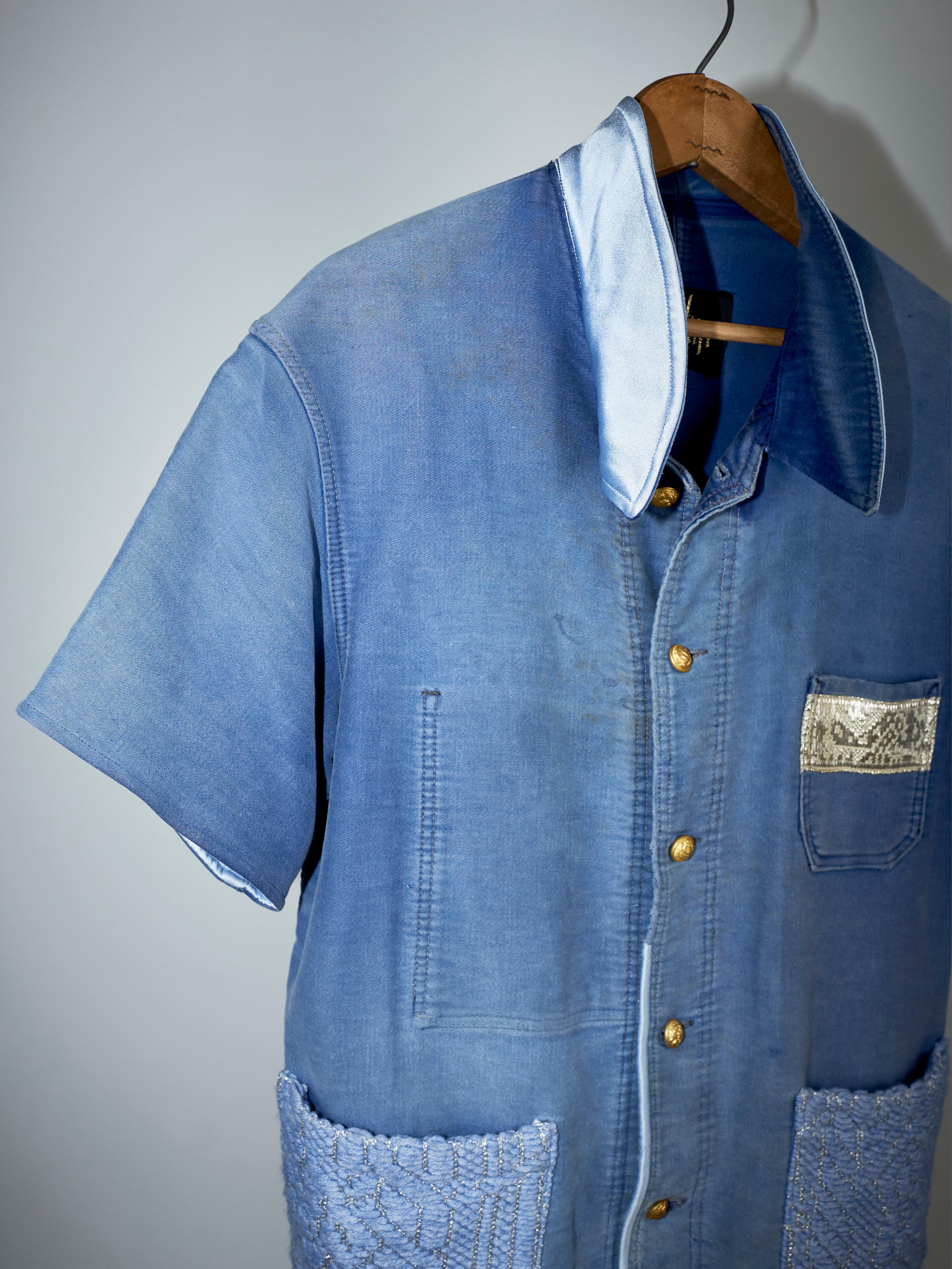 Short Sleeve Jacket Light Blue Work Wear Distressed Tweed J Dauphin  For Sale 3