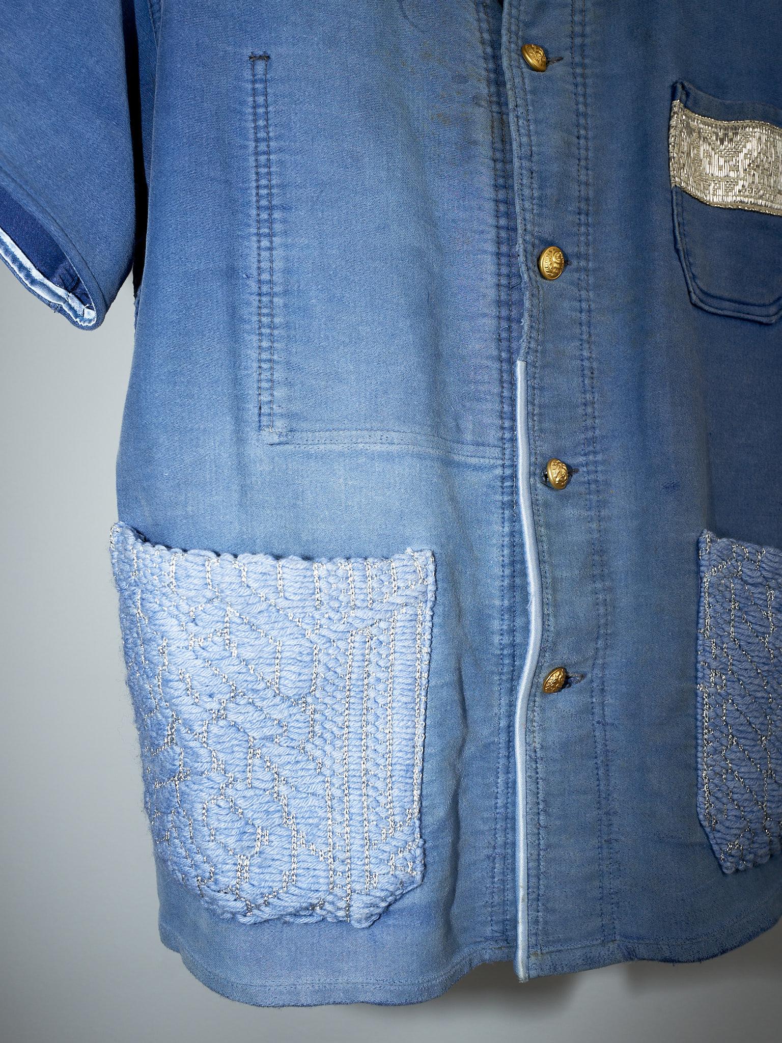 Short Sleeve Jacket Light Blue Work Wear Distressed Tweed J Dauphin  4