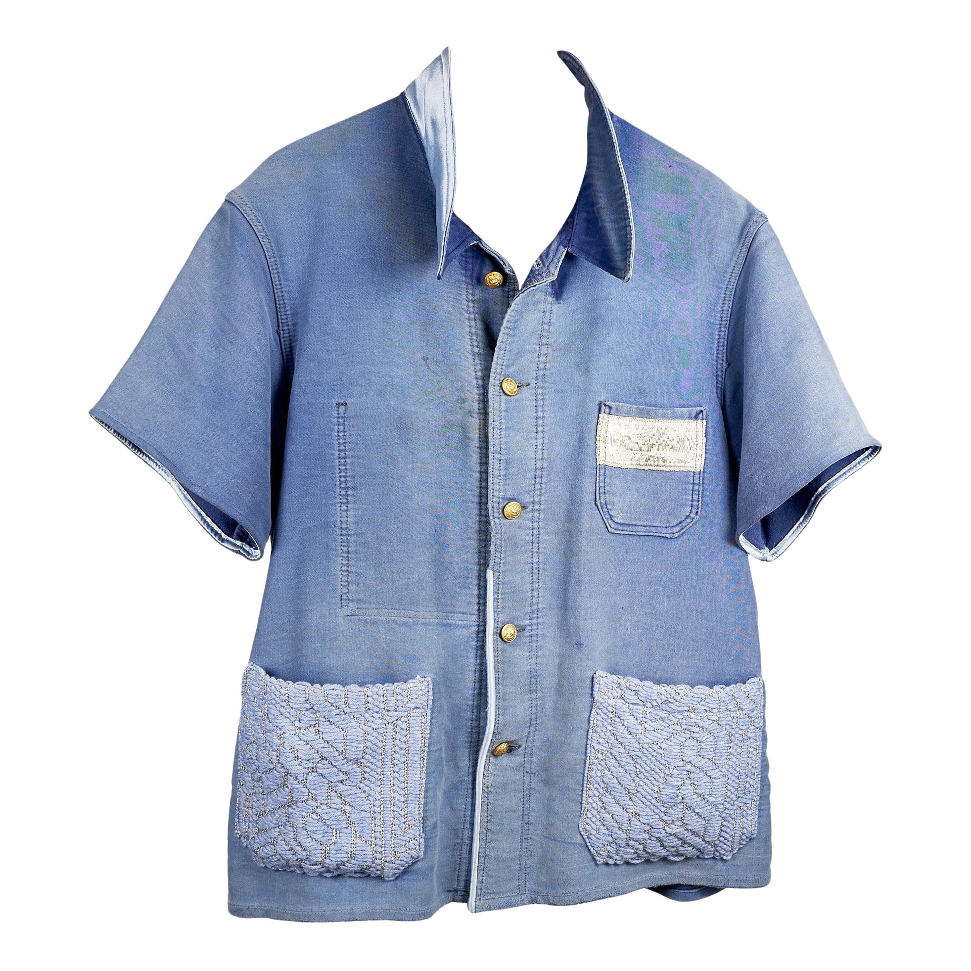 Short Sleeve Jacket Light Blue Work Wear Distressed Tweed J Dauphin