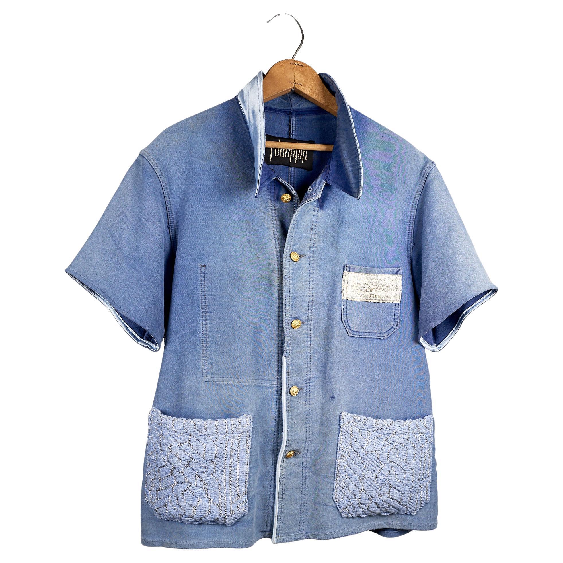 Short Sleeve Jacket Light Blue Work Wear Distressed Tweed J Dauphin 