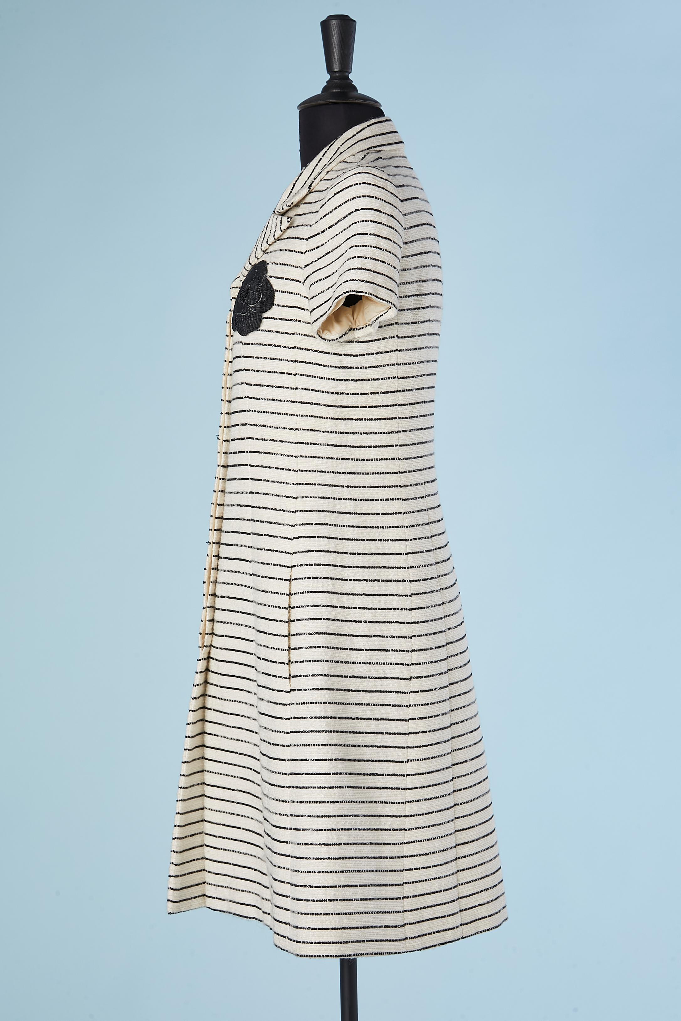 Gray Short sleeves white tweed cocktail dress with black sequin stripes Chanel