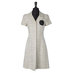 Short sleeves white tweed cocktail dress with black sequin stripes Chanel 