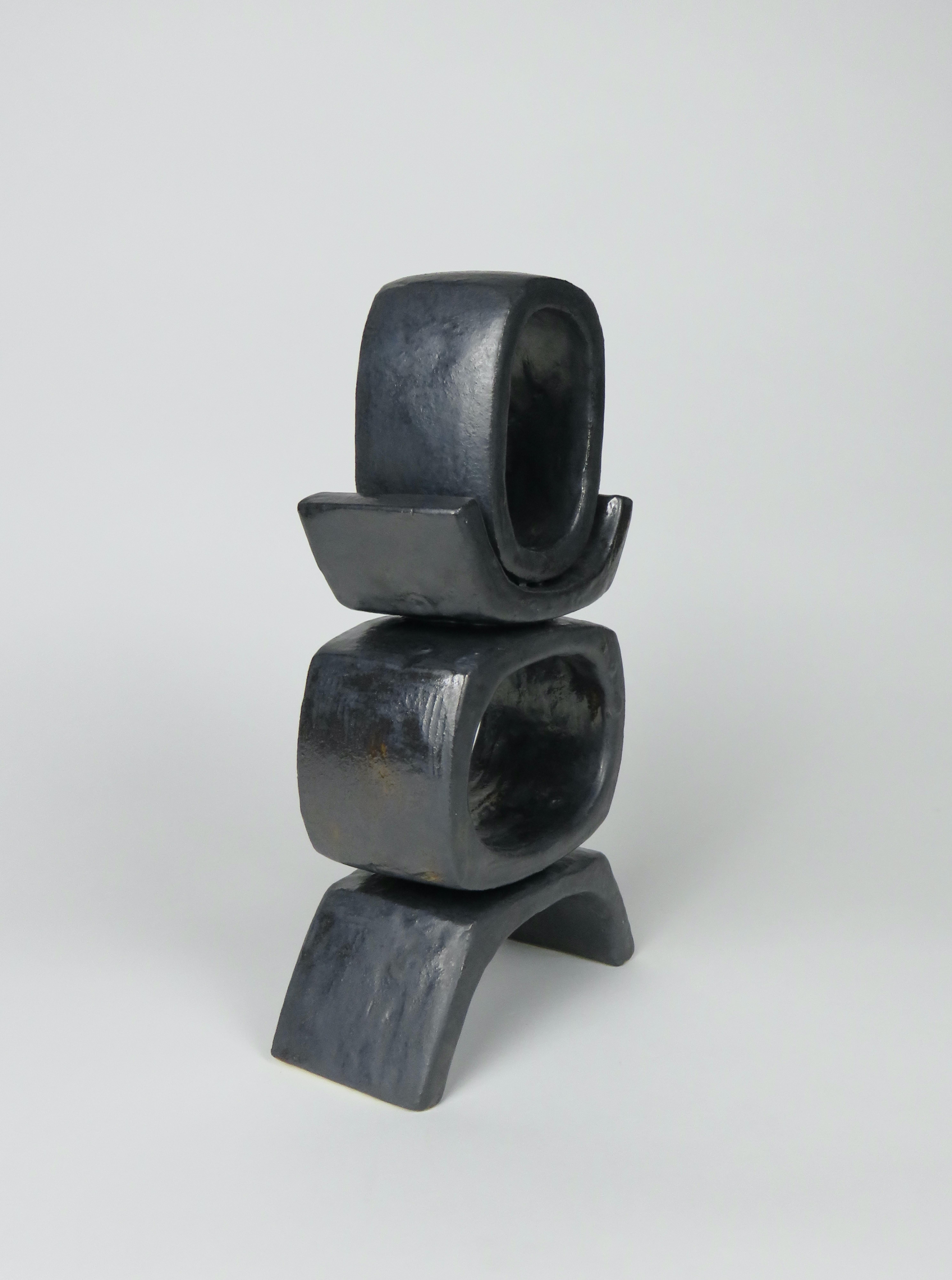 Organic Modern Short Standing TOTEM, Rectangular Ovals on Angled Legs in Metallic Glazed Clay For Sale