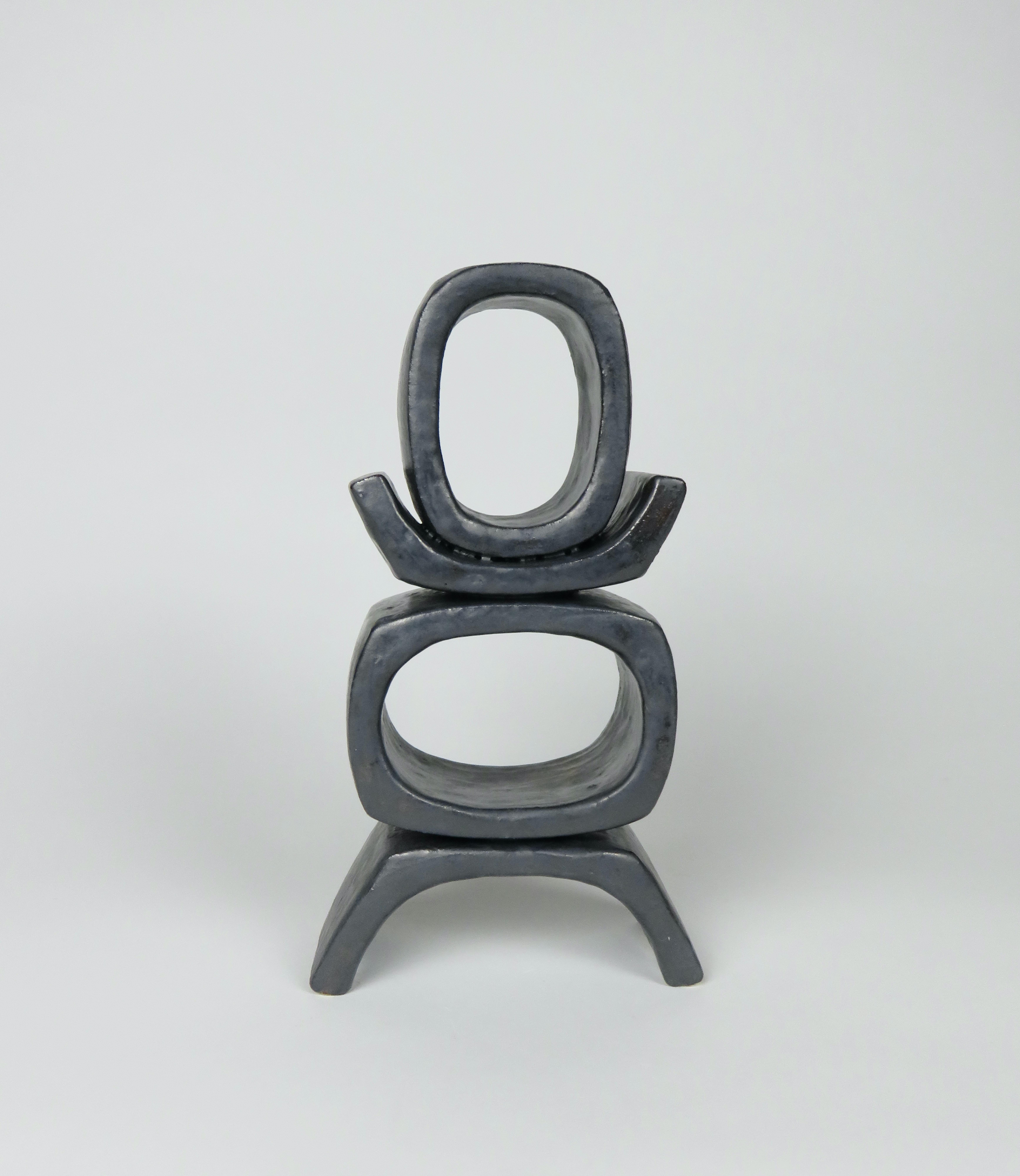 American Short Standing TOTEM, Rectangular Ovals on Angled Legs in Metallic Glazed Clay For Sale