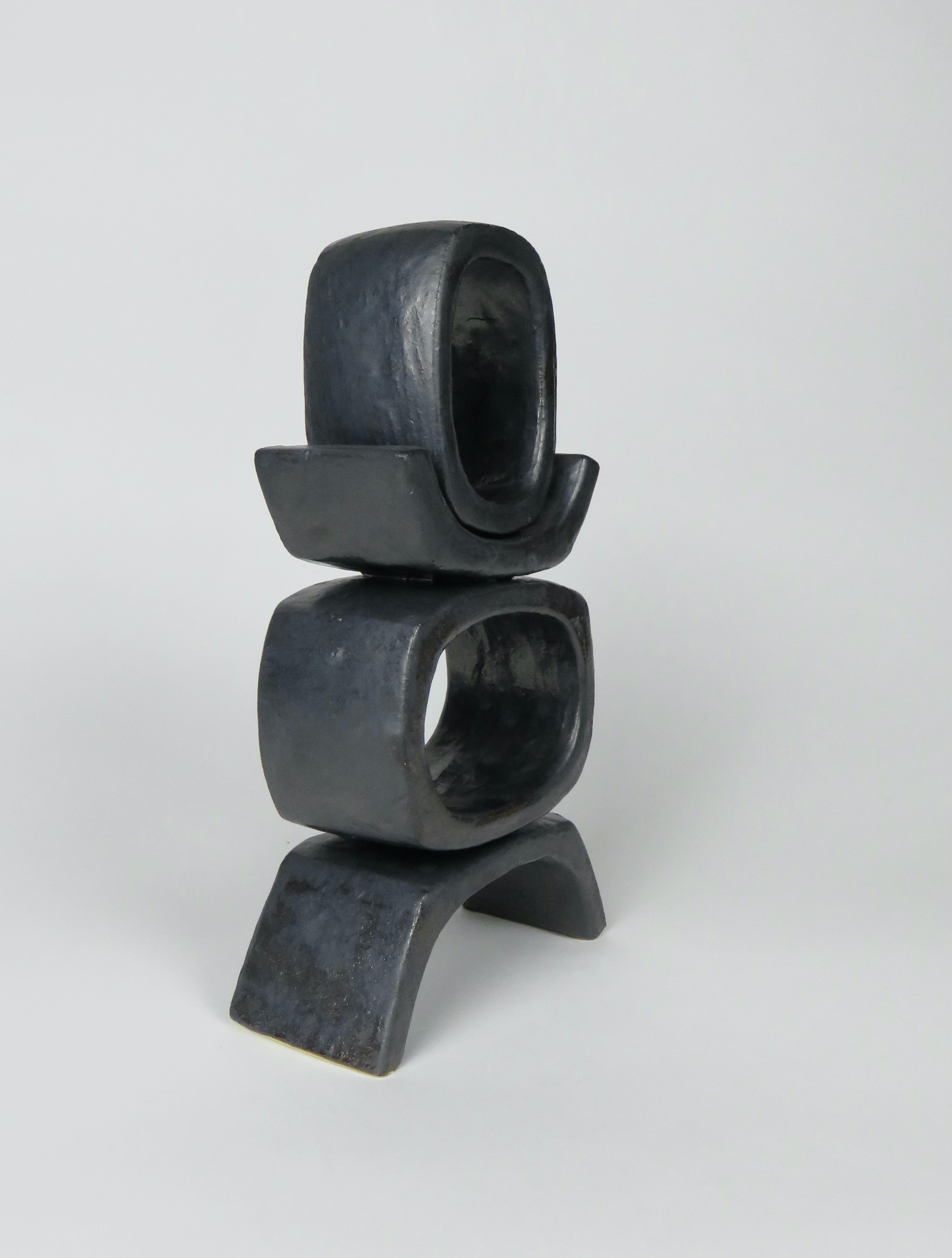 Short Standing TOTEM, Rectangular Ovals on Angled Legs in Metallic Glazed Clay In New Condition For Sale In New York, NY