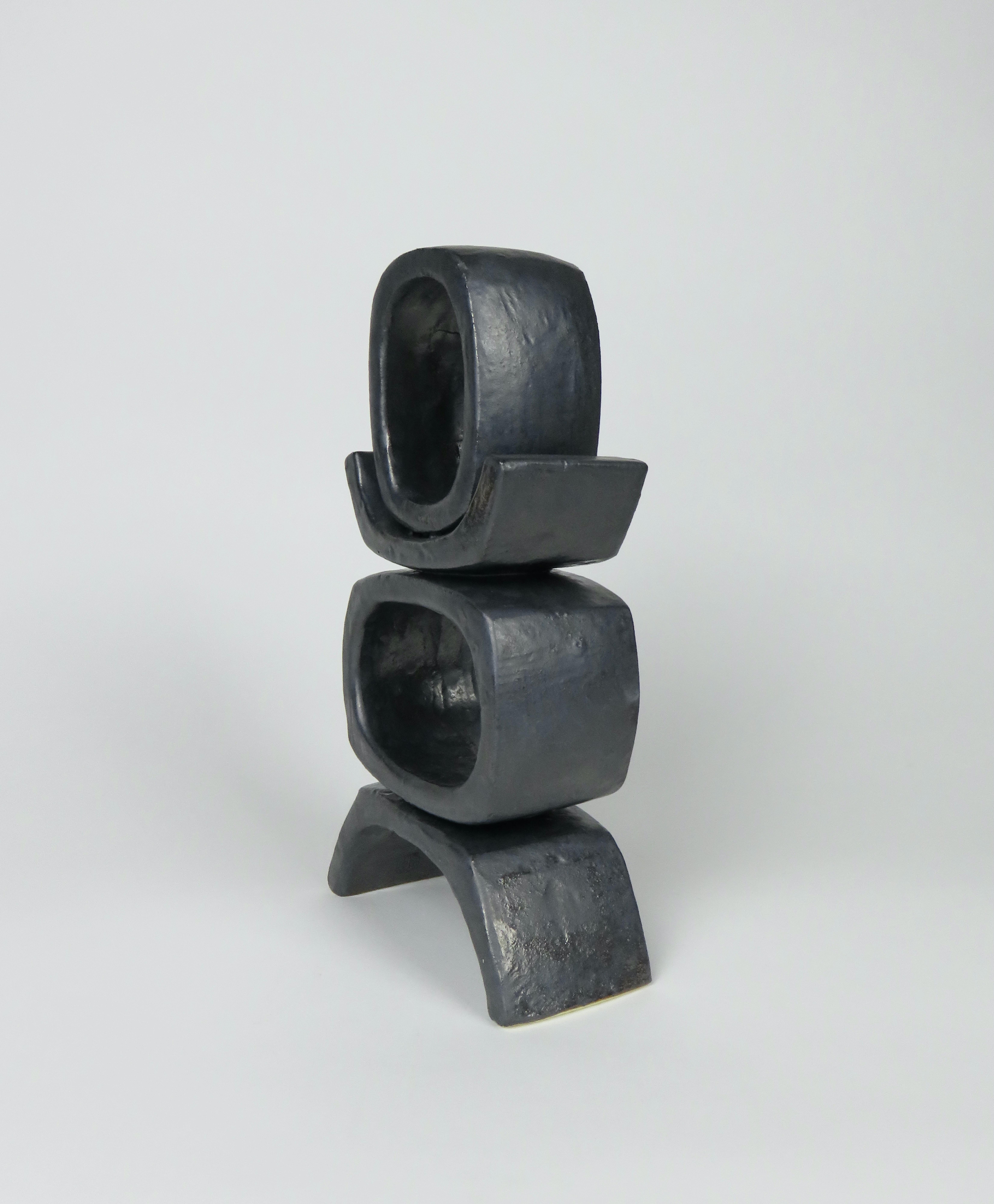 Contemporary Short Standing TOTEM, Rectangular Ovals on Angled Legs in Metallic Glazed Clay For Sale