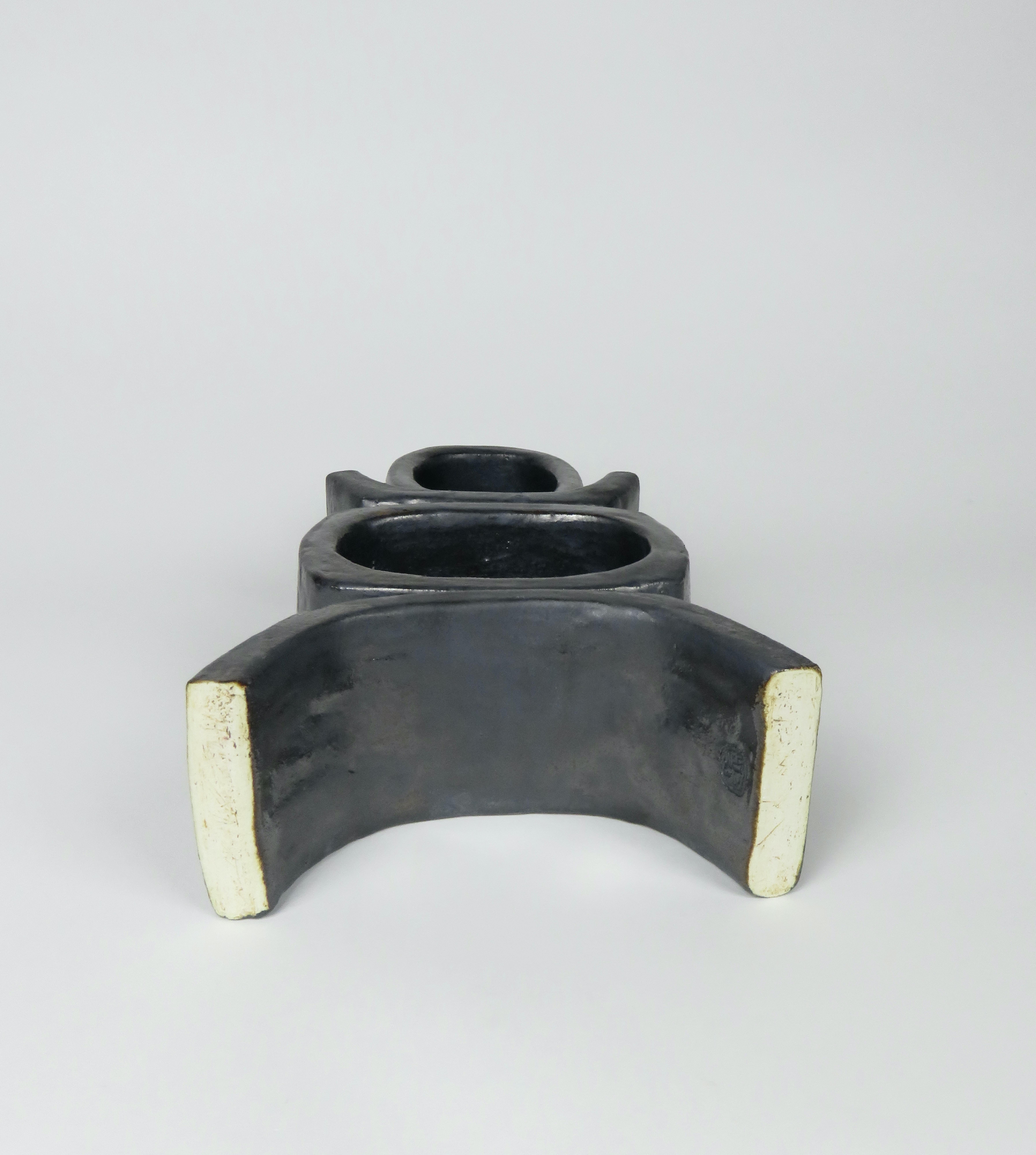 Ceramic Short Standing TOTEM, Rectangular Ovals on Angled Legs in Metallic Glazed Clay For Sale
